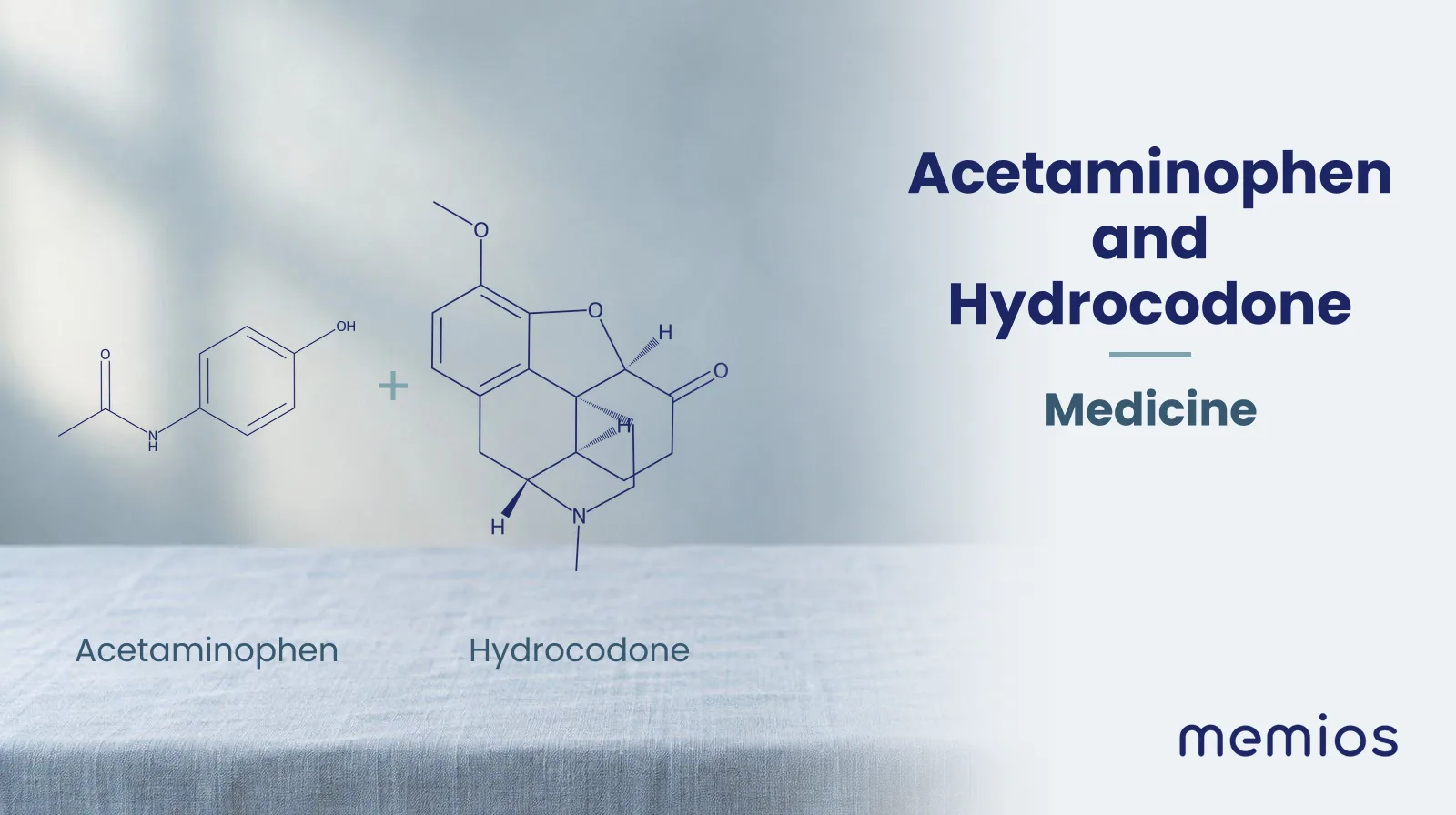 Chemical structure of Acetaminophen and Hydrocodone, drawn in navy on pale linen.