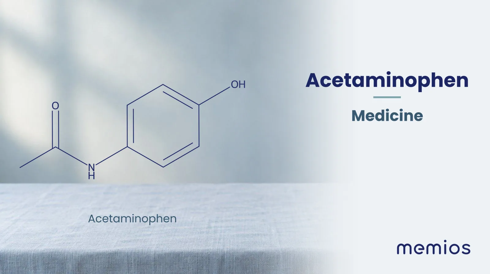 Chemical structure of Acetaminophen, drawn in navy on pale linen.