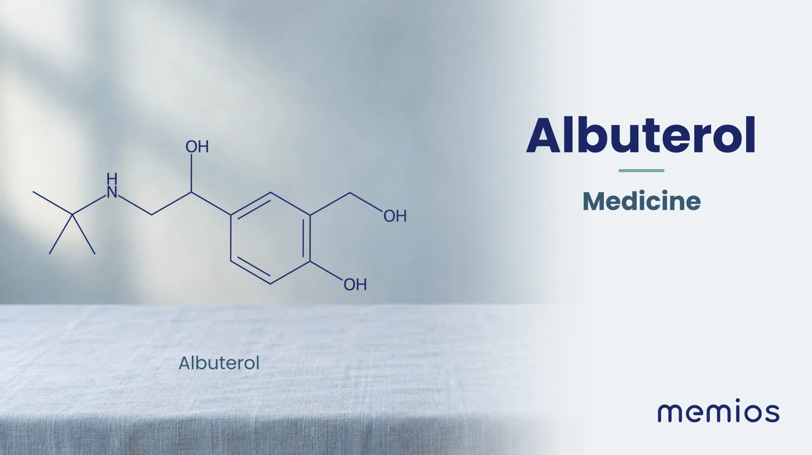 Chemical structure of Albuterol, drawn in navy on pale linen.