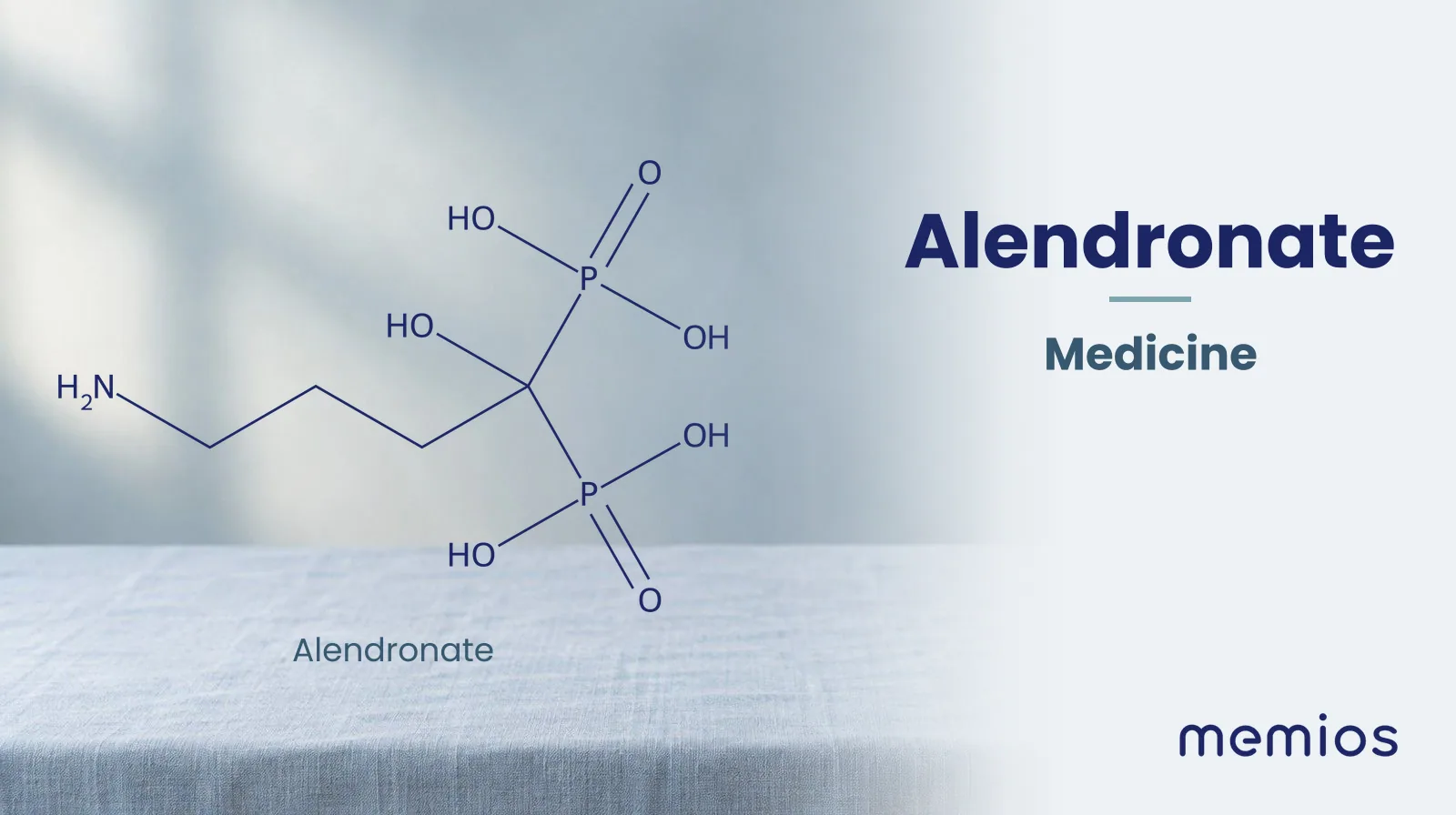 Chemical structure of Alendronate, drawn in navy on pale linen.