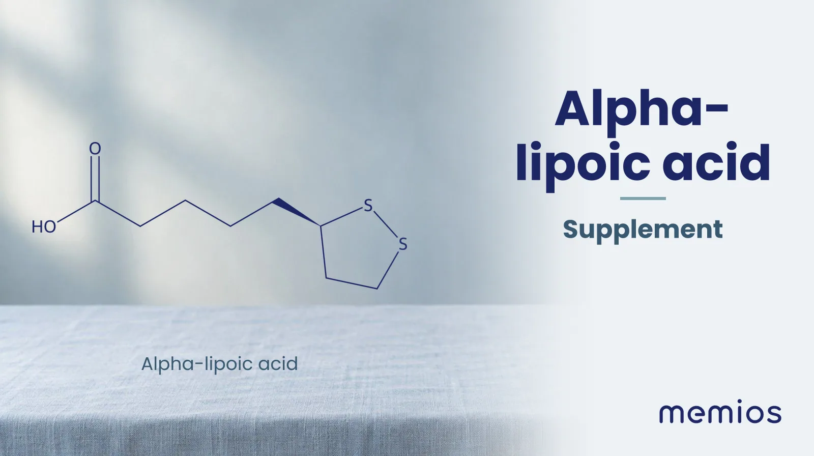 Chemical structure of Alpha-lipoic acid, drawn in navy on pale linen.