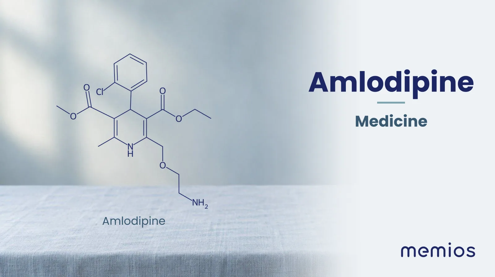 Chemical structure of Amlodipine, drawn in navy on pale linen.