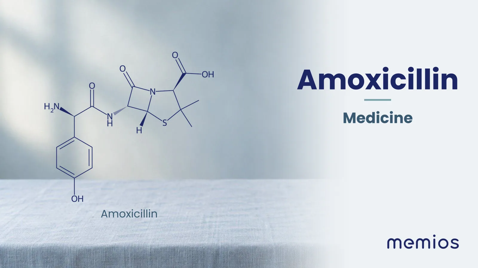 Chemical structure of Amoxicillin, drawn in navy on pale linen.