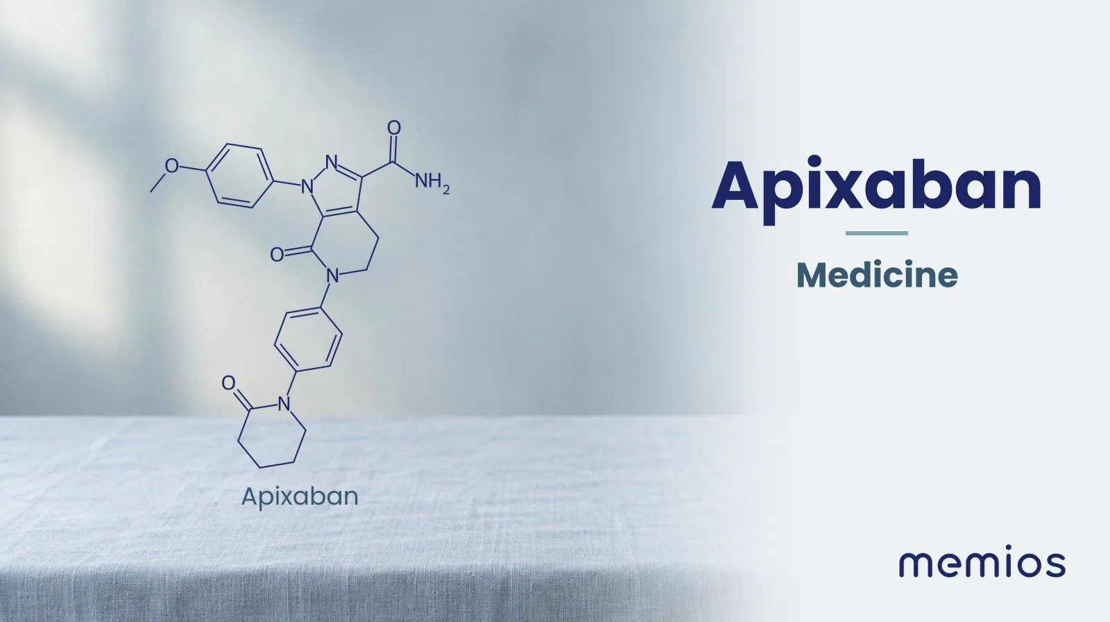 Chemical structure of Apixaban, drawn in navy on pale linen.