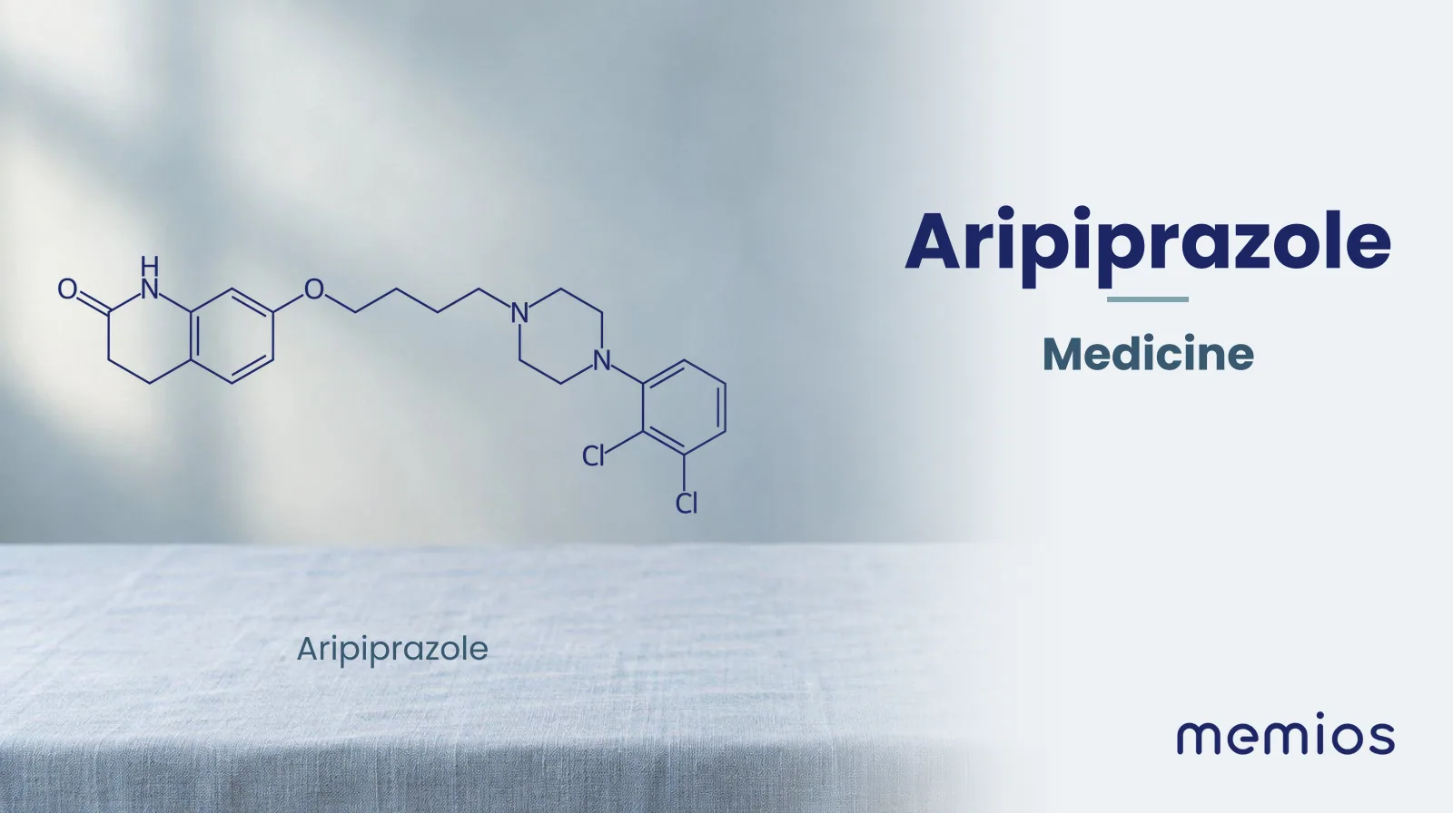 Chemical structure of Aripiprazole, drawn in navy on pale linen.