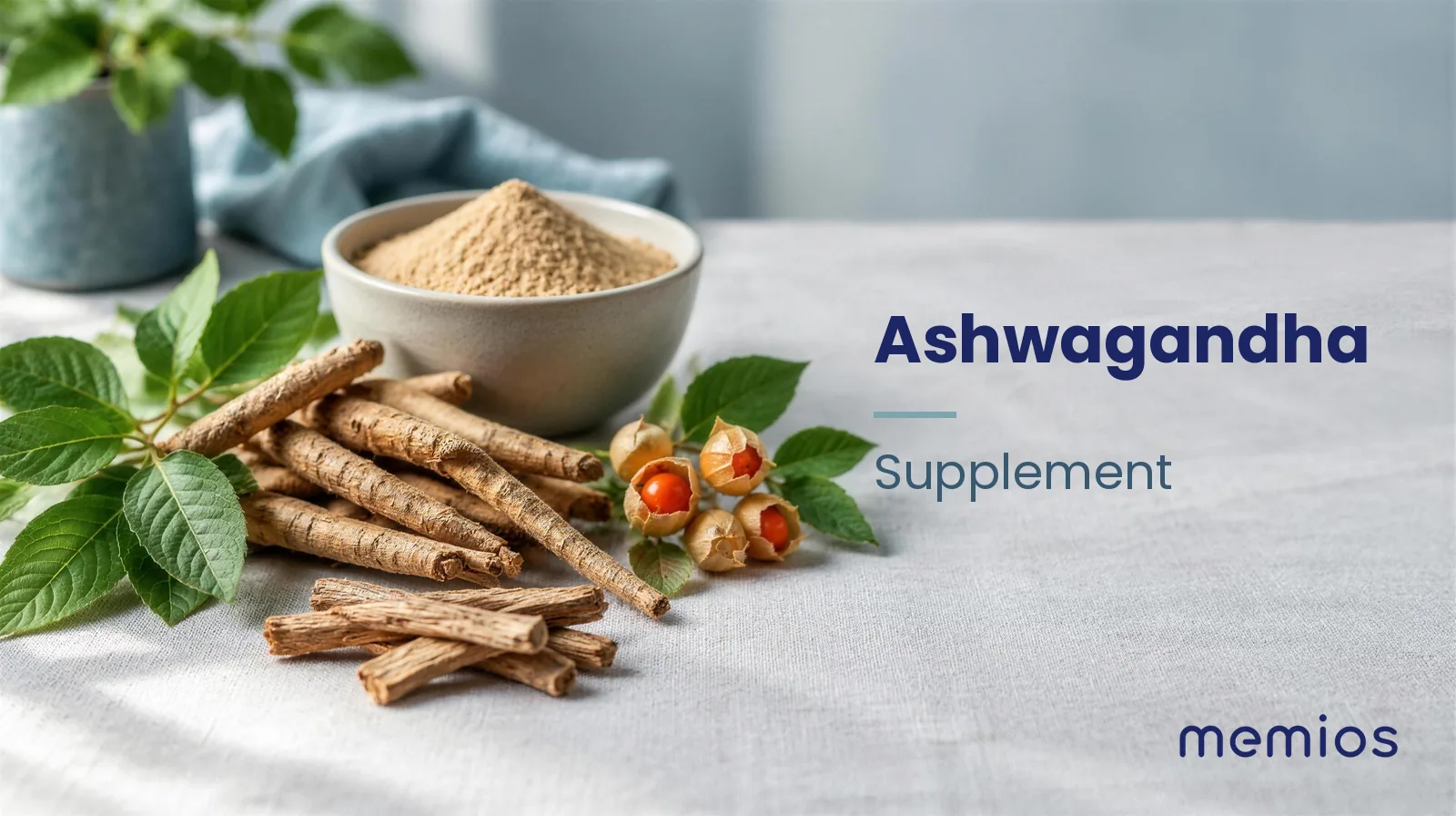 Fresh and dried ashwagandha roots, green leaves and orange berries in papery husks beside a bowl of root powder on pale linen.