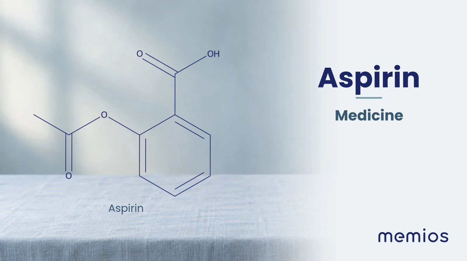 Chemical structure of Aspirin, drawn in navy on pale linen.