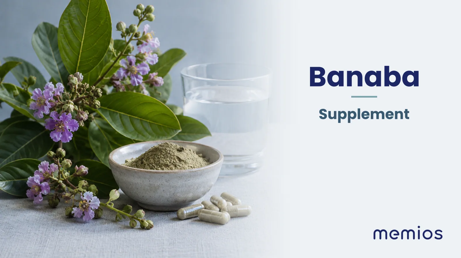 Photograph for Banaba: its natural source and a bowl of powder or capsules on pale linen.