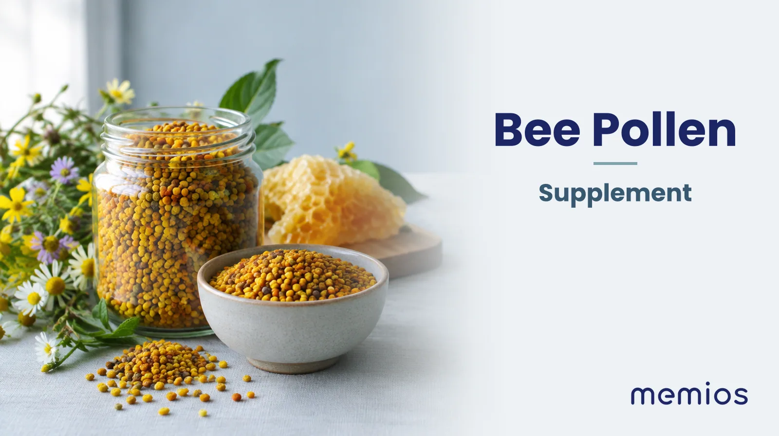 Photograph for Bee Pollen: its natural source and a bowl of powder or capsules on pale linen.