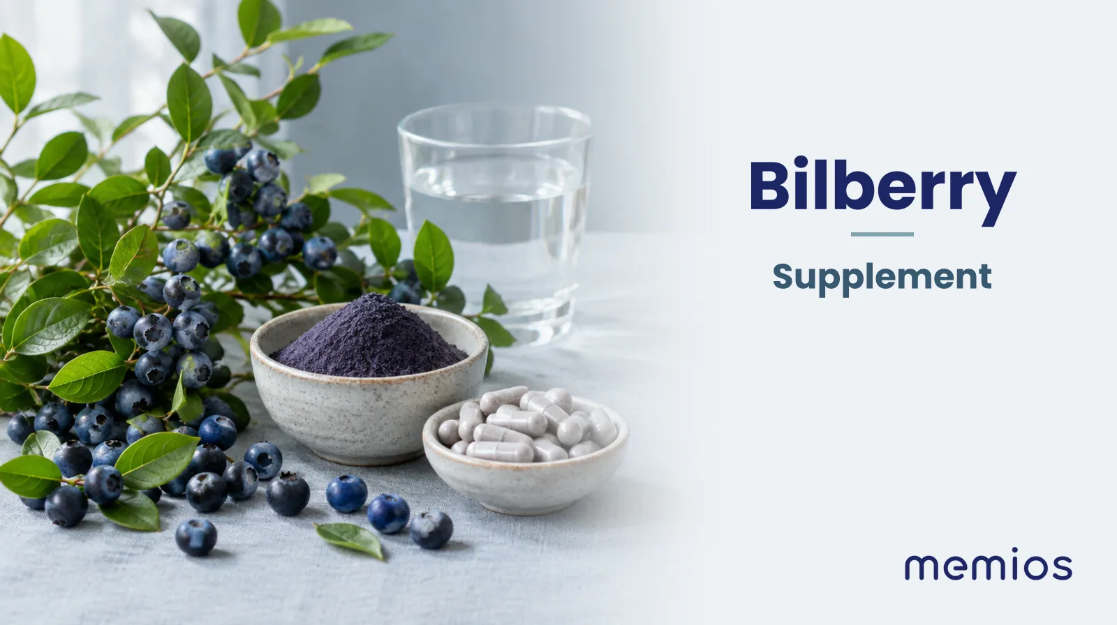 Photograph for Bilberry: its natural source and a bowl of powder or capsules on pale linen.