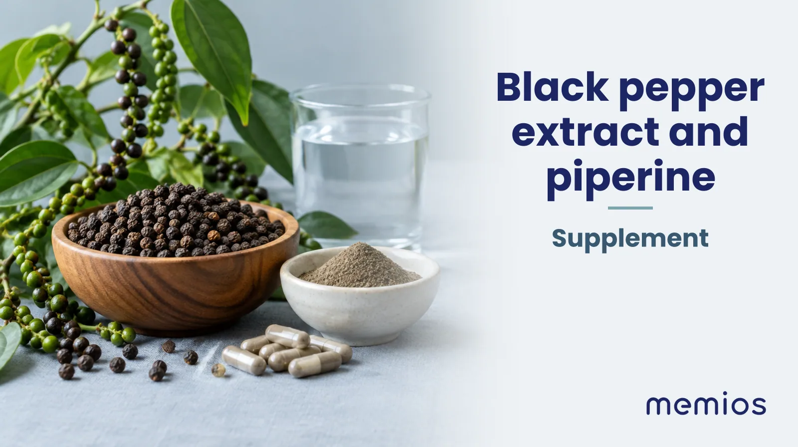 Photograph for Black pepper extract and piperine: its natural source and a bowl of powder or capsules on pale linen.