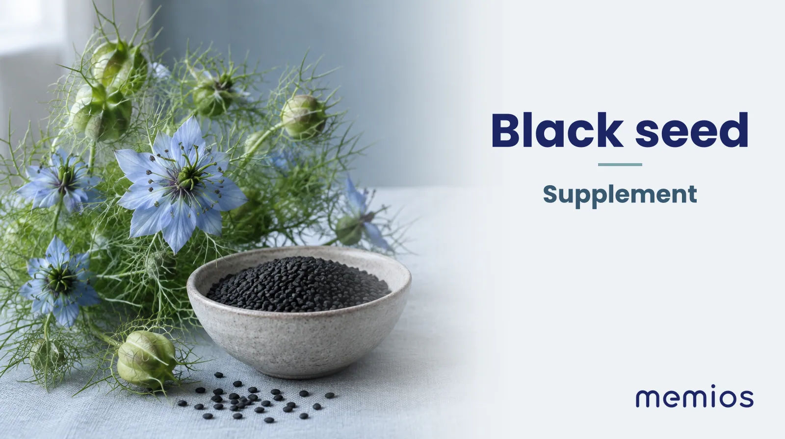 Photograph for Black seed: its natural source and a bowl of powder or capsules on pale linen.