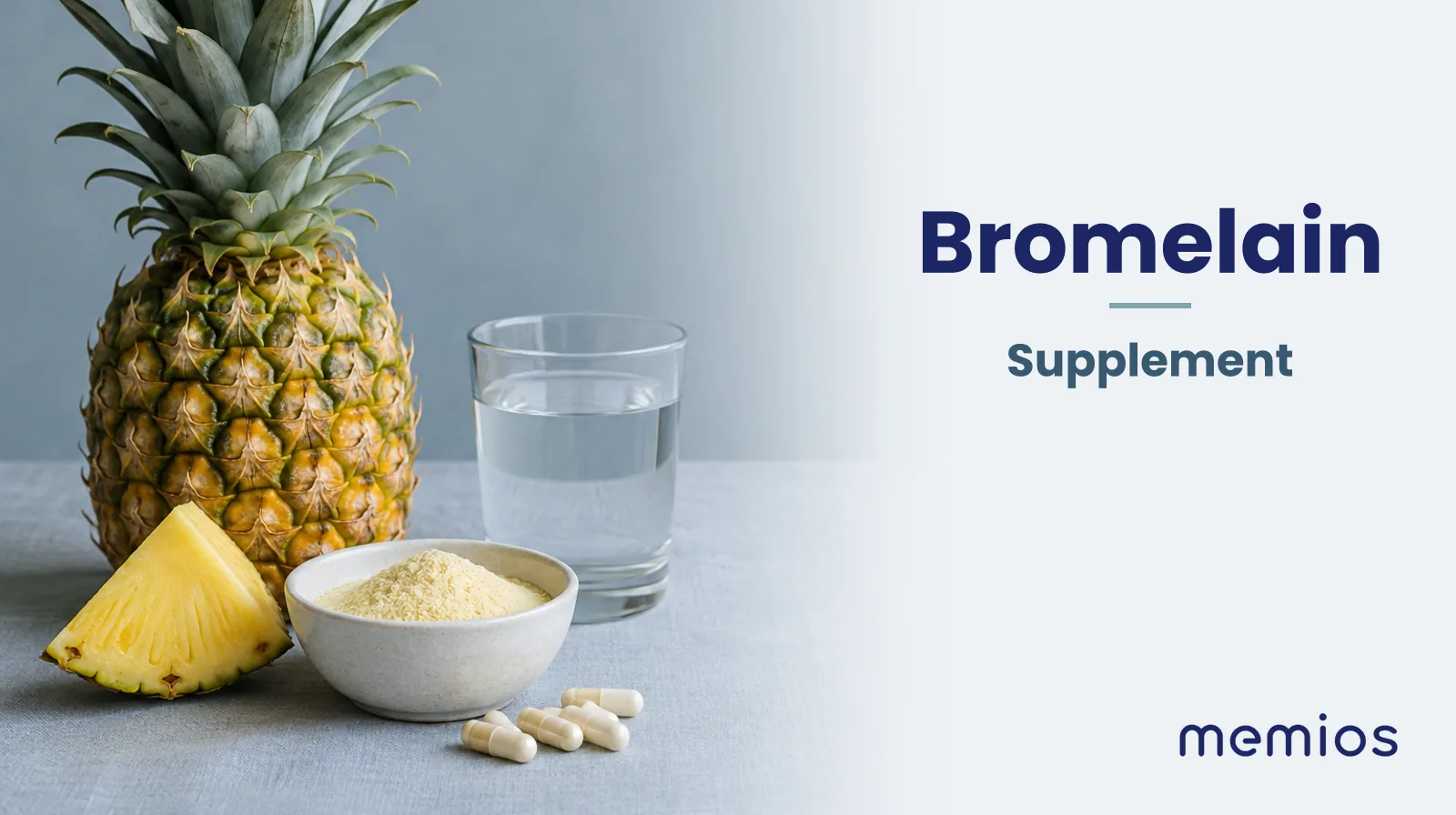 Photograph for Bromelain: its natural source and a bowl of powder or capsules on pale linen.
