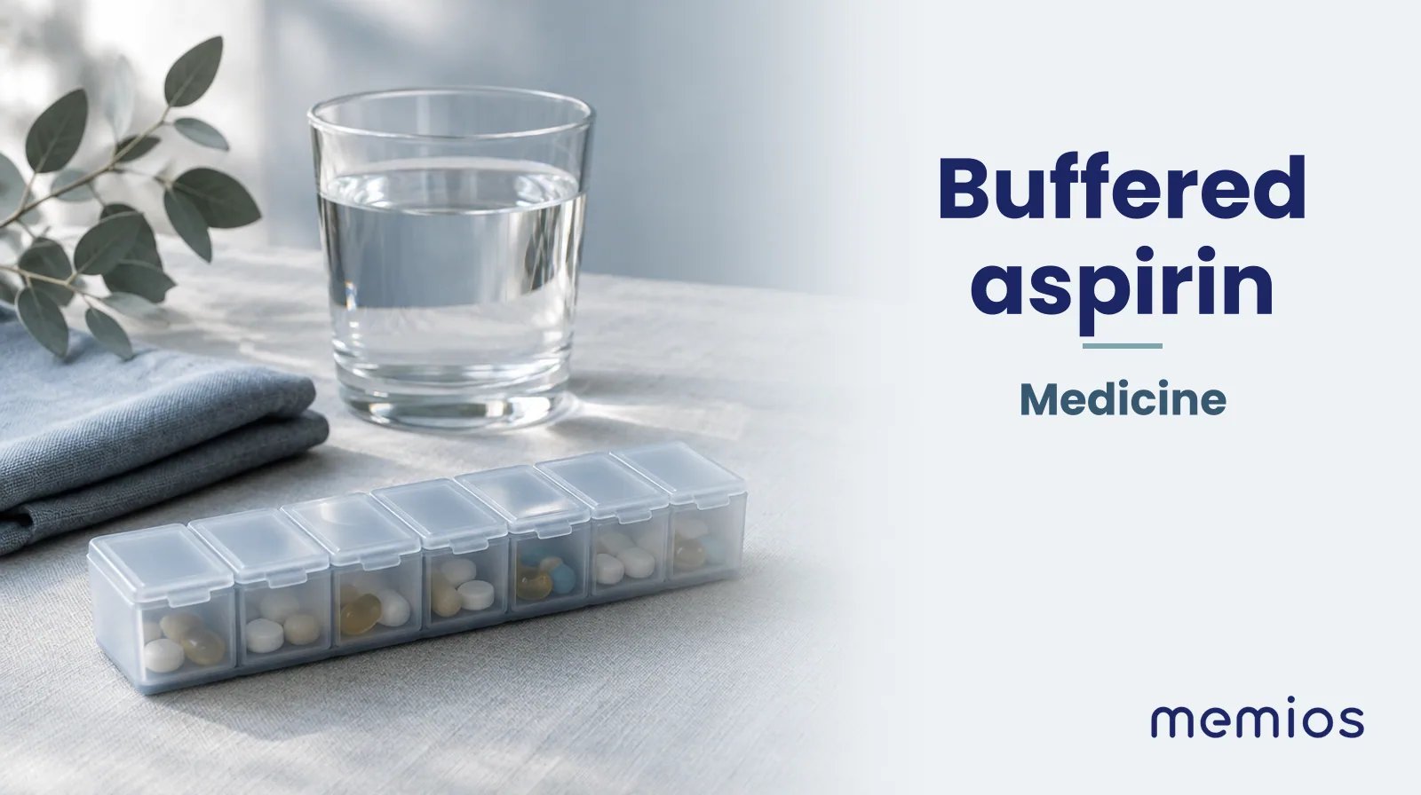 Photograph for Buffered aspirin: plain unmarked tablets in a dish beside a glass of water on pale linen.