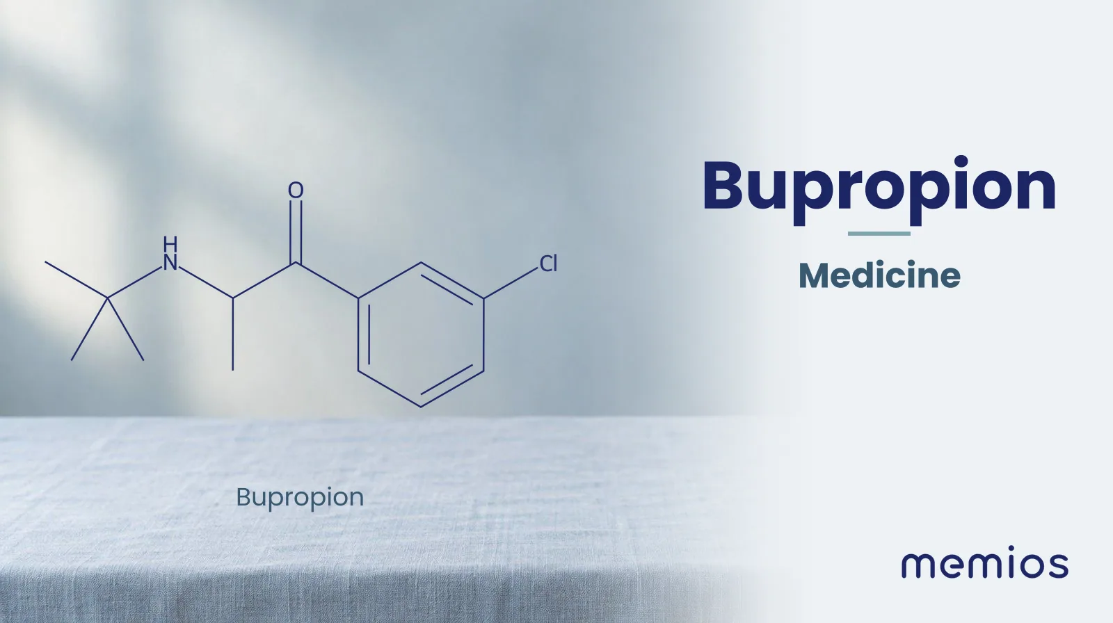 Chemical structure of Bupropion, drawn in navy on pale linen.