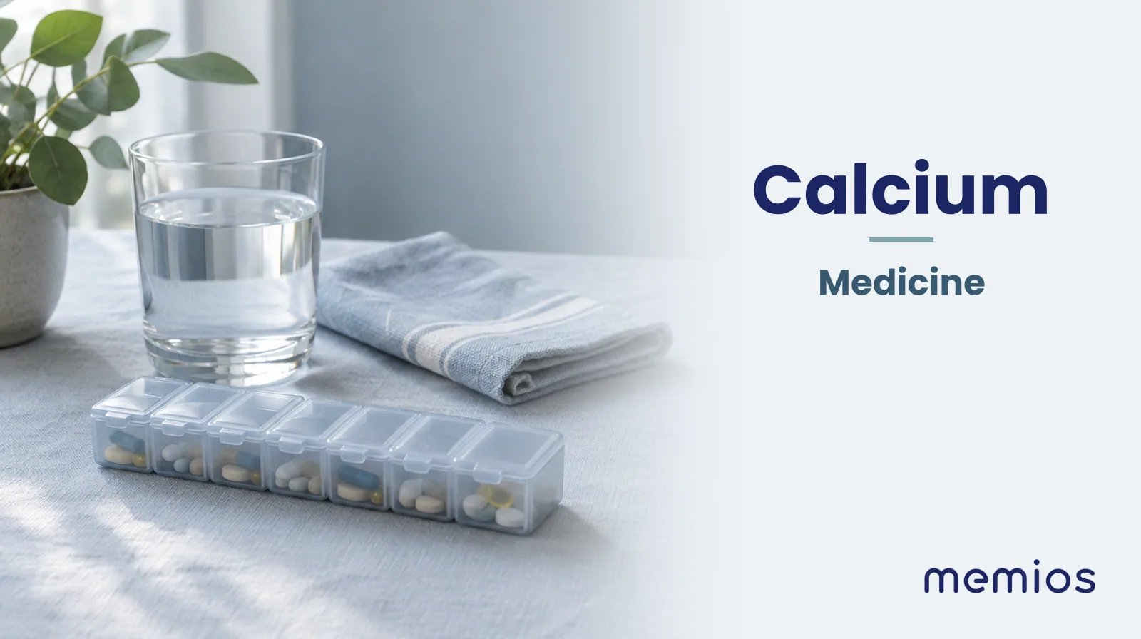 Photograph for Calcium: plain unmarked tablets in a dish beside a glass of water on pale linen.