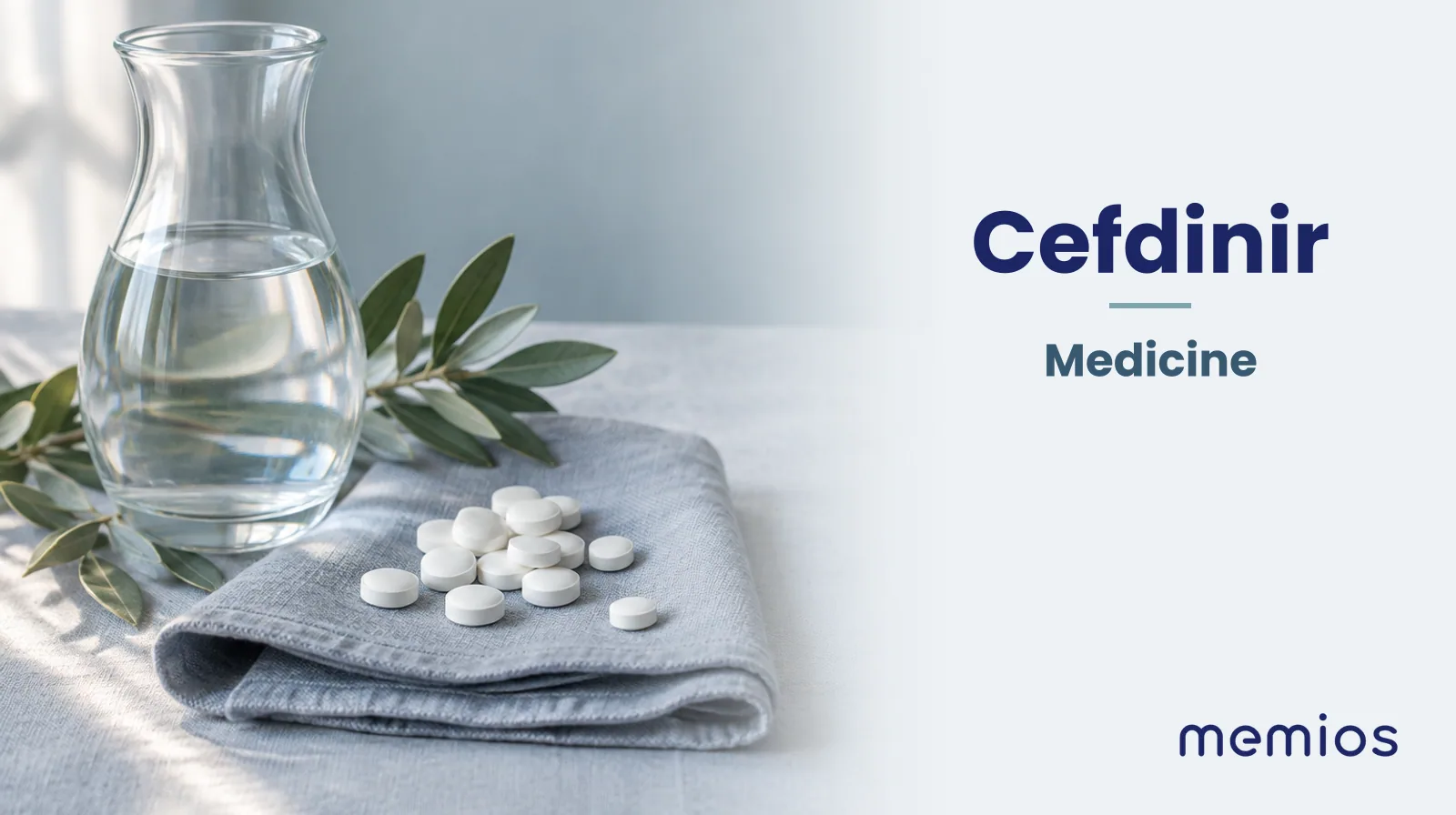 Photograph for Cefdinir: plain unmarked tablets in a dish beside a glass of water on pale linen.