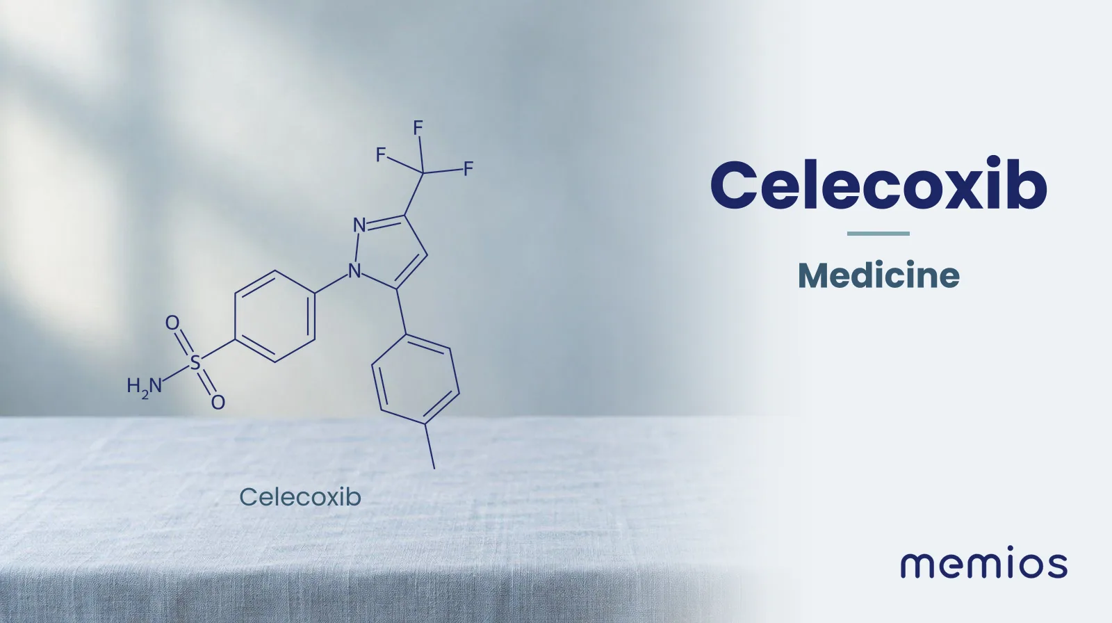 Chemical structure of Celecoxib, drawn in navy on pale linen.