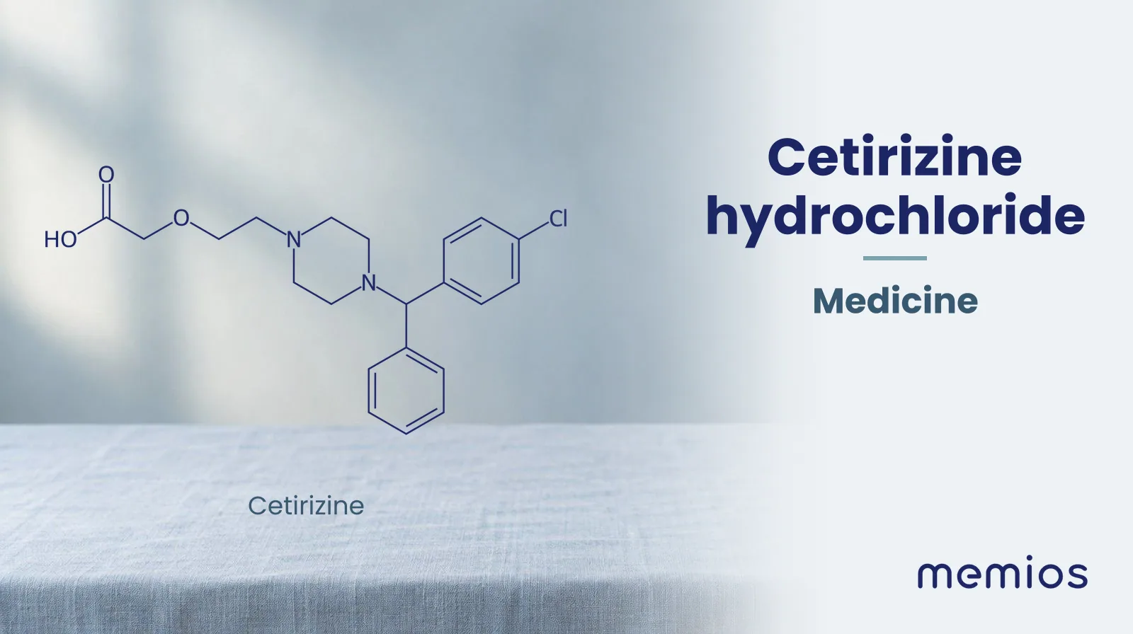 Chemical structure of Cetirizine, drawn in navy on pale linen.