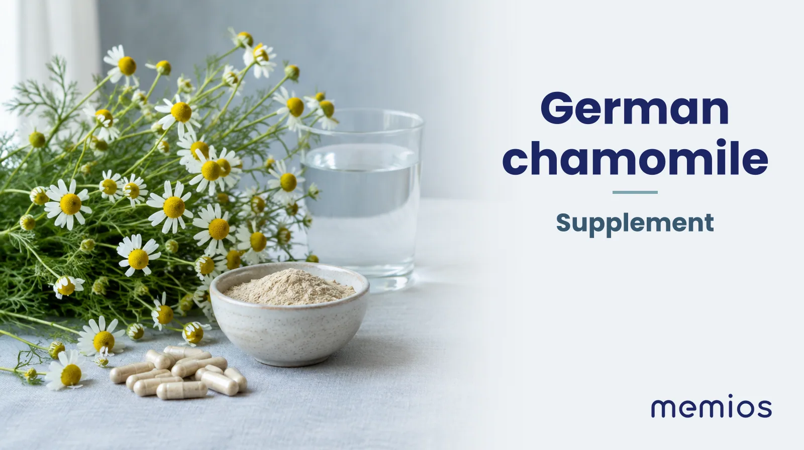Photograph for German chamomile: its natural source and a bowl of powder or capsules on pale linen.