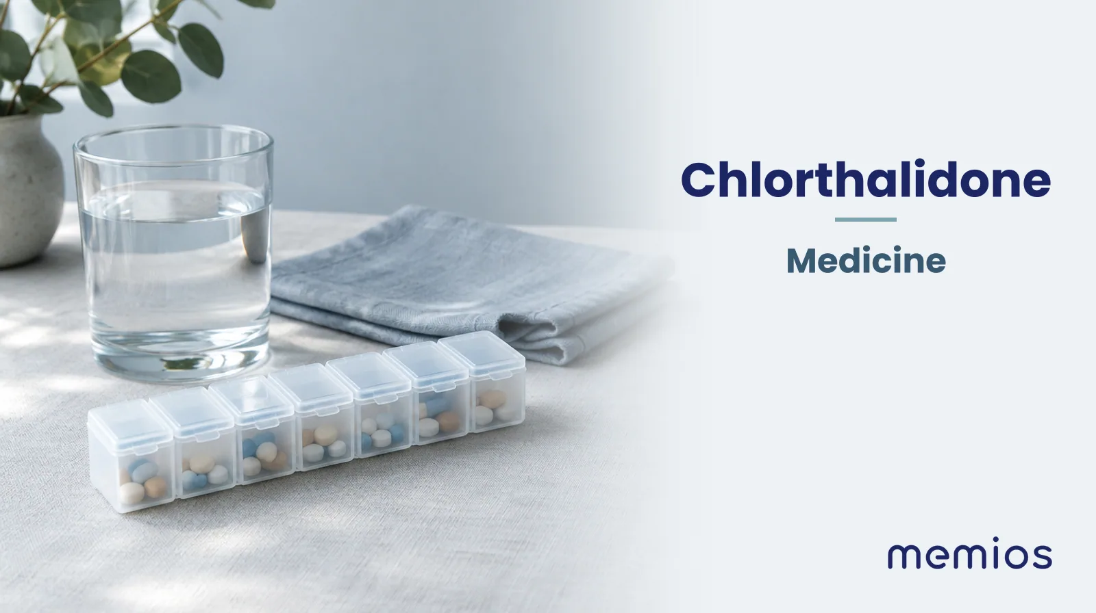 Photograph for Chlorthalidone: plain unmarked tablets in a dish beside a glass of water on pale linen.