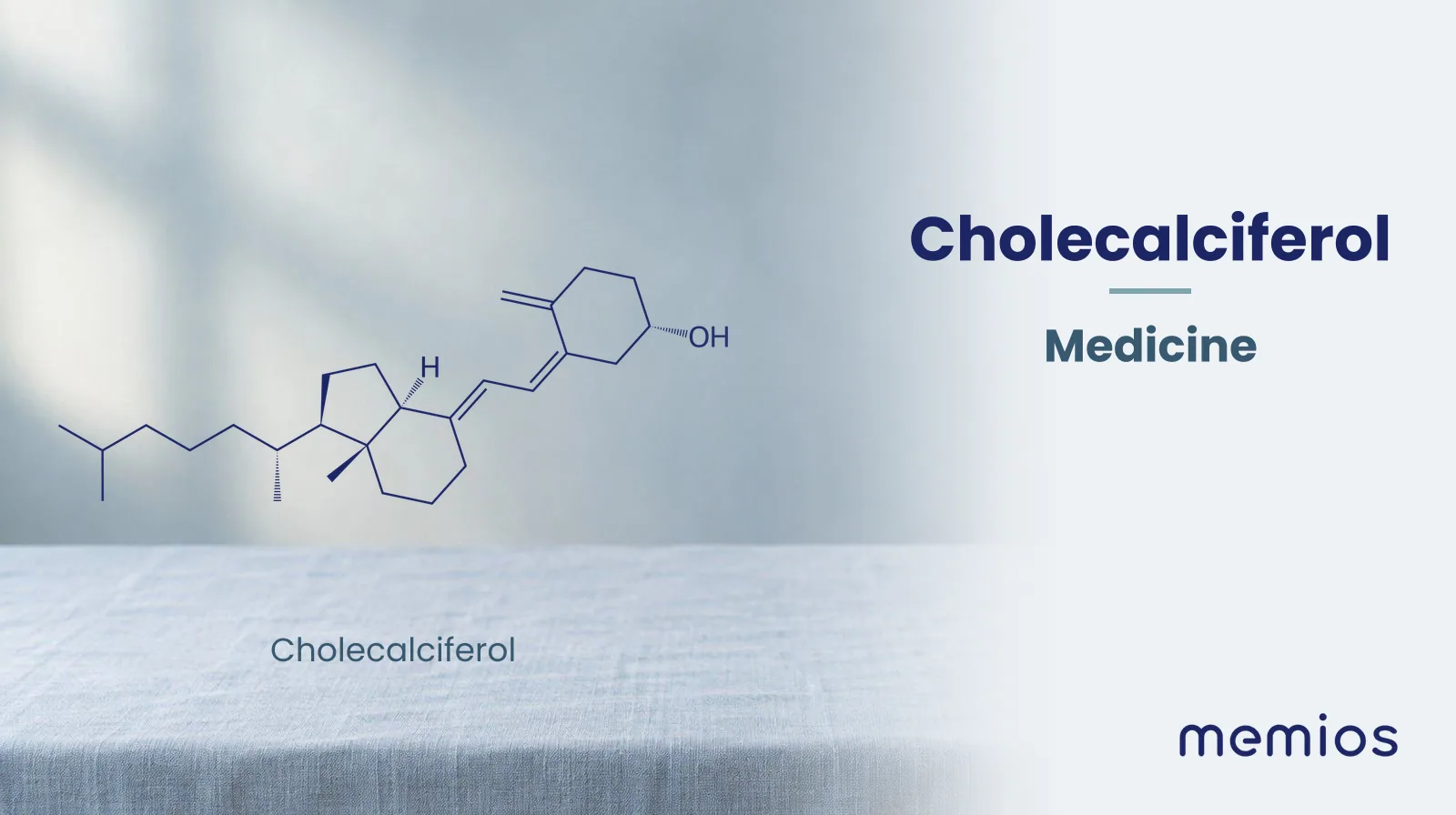 Chemical structure of Cholecalciferol, drawn in navy on pale linen.