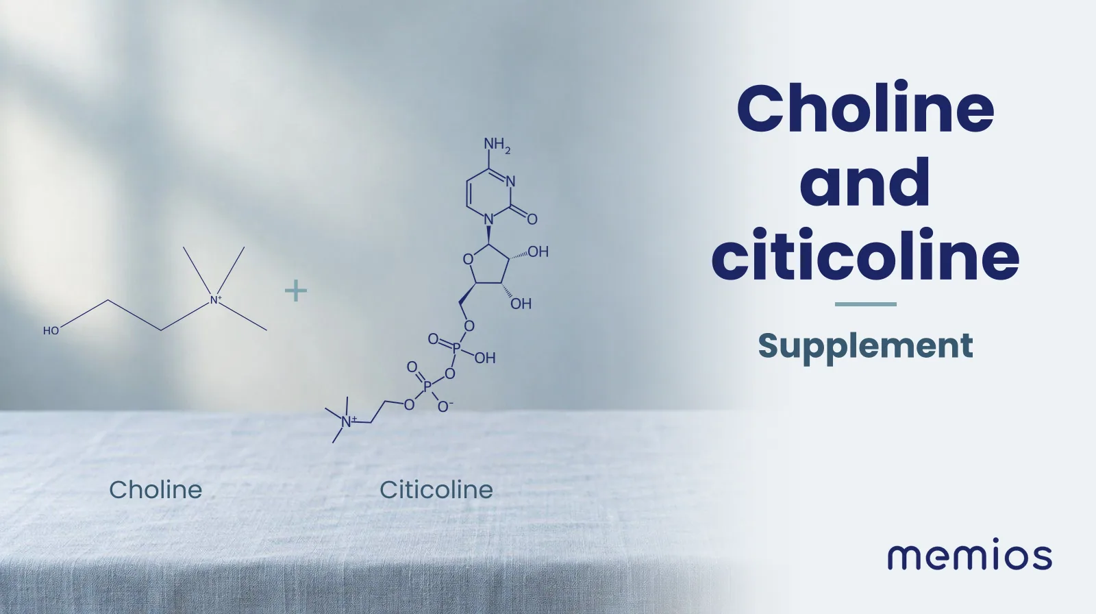 Chemical structure of Choline and Citicoline, drawn in navy on pale linen.