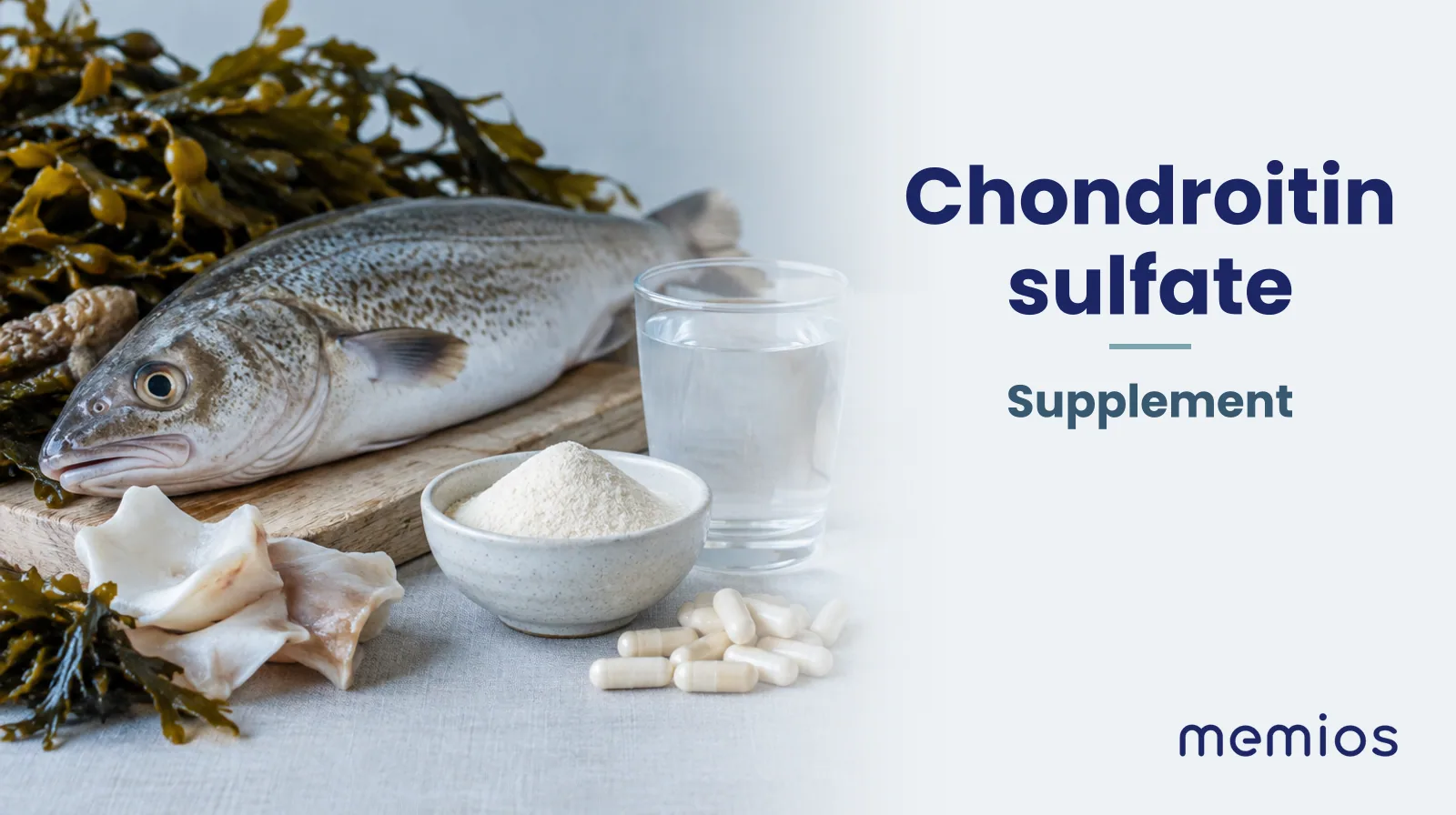 Photograph for Chondroitin sulfate: its natural source and a bowl of powder or capsules on pale linen.