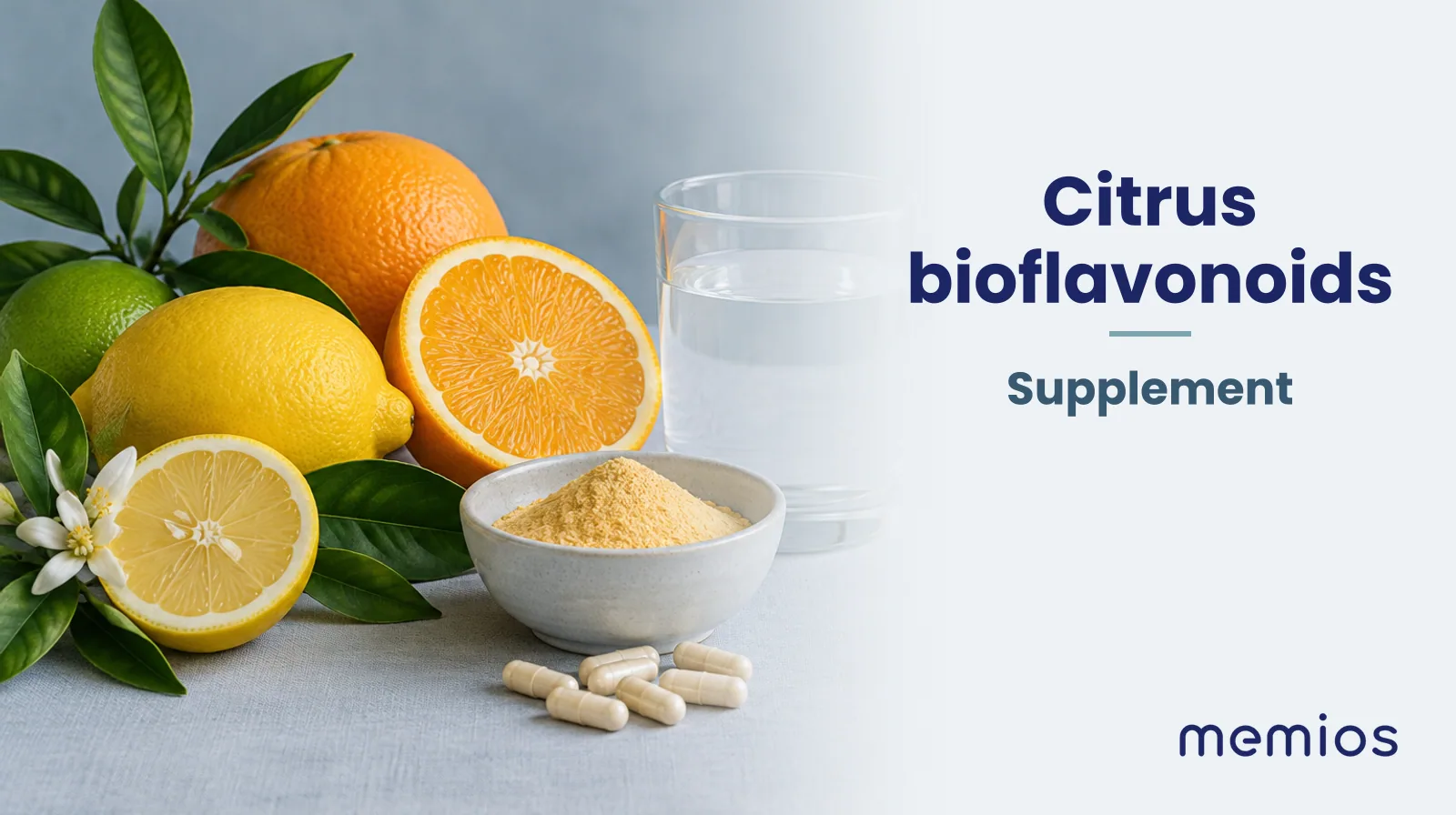 Photograph for Citrus bioflavonoids: its natural source and a bowl of powder or capsules on pale linen.