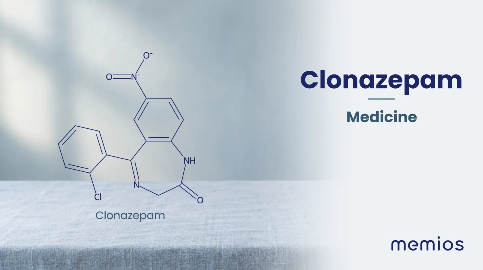 Chemical structure of Clonazepam, drawn in navy on pale linen.