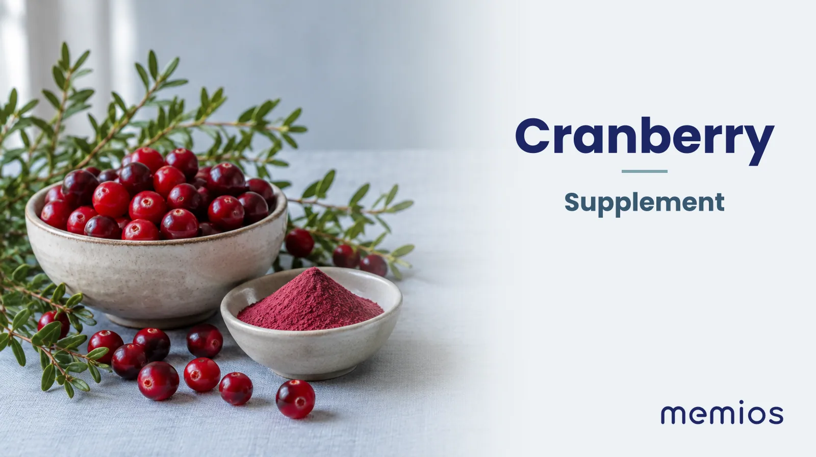 Photograph for Cranberry: its natural source and a bowl of powder or capsules on pale linen.