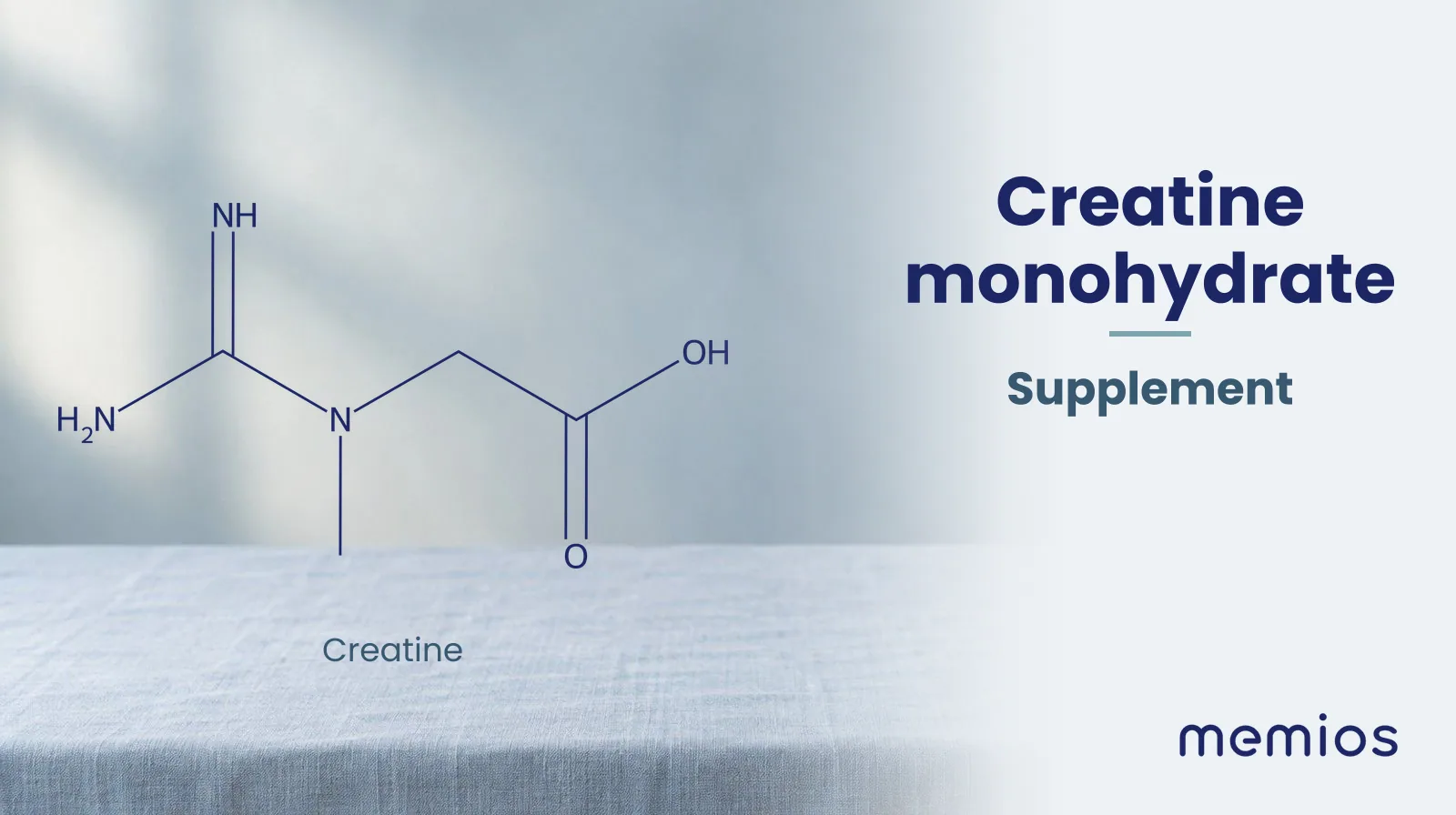 Chemical structure of Creatine, drawn in navy on pale linen.