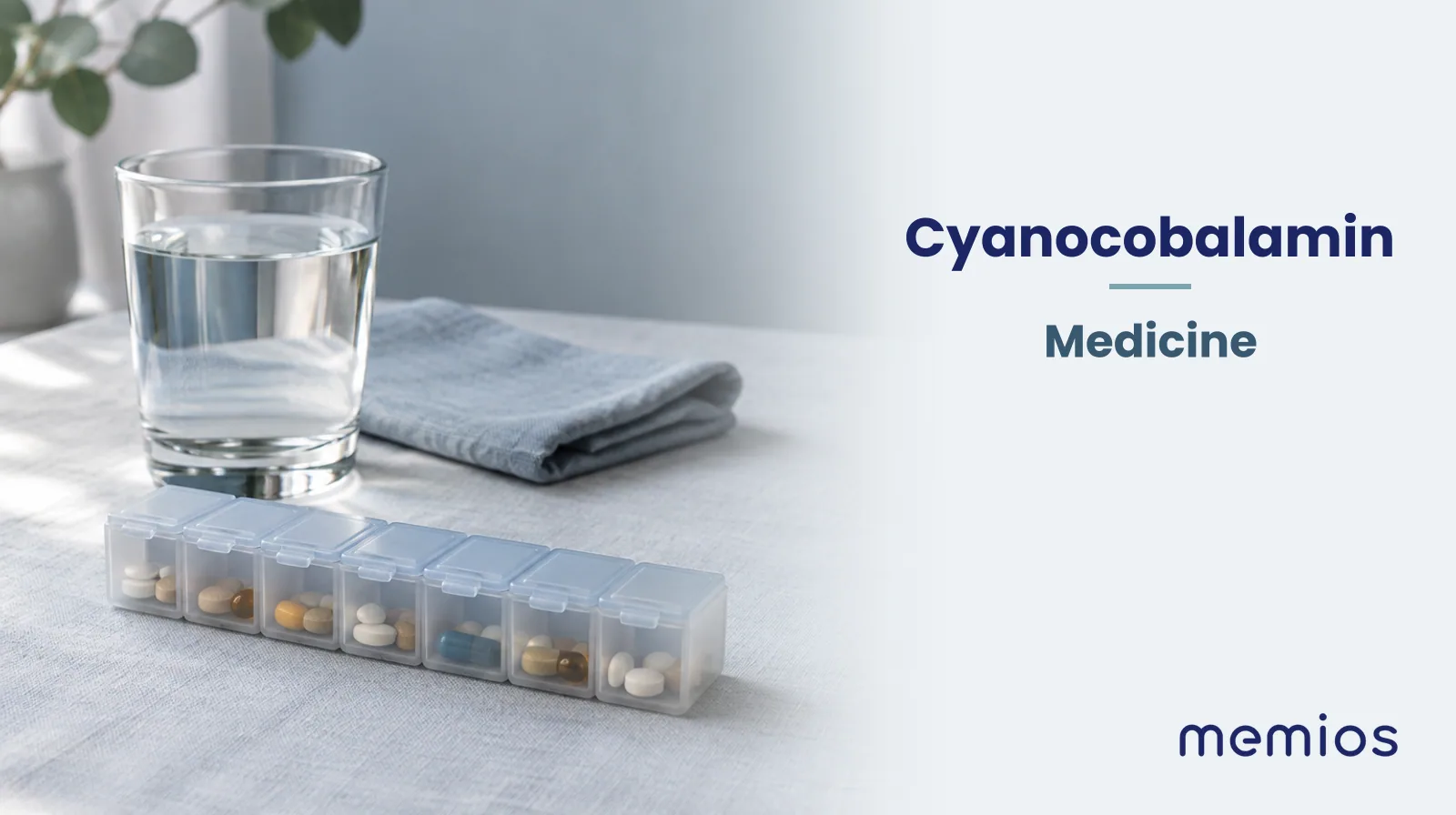 Photograph for Cyanocobalamin: plain unmarked tablets in a dish beside a glass of water on pale linen.