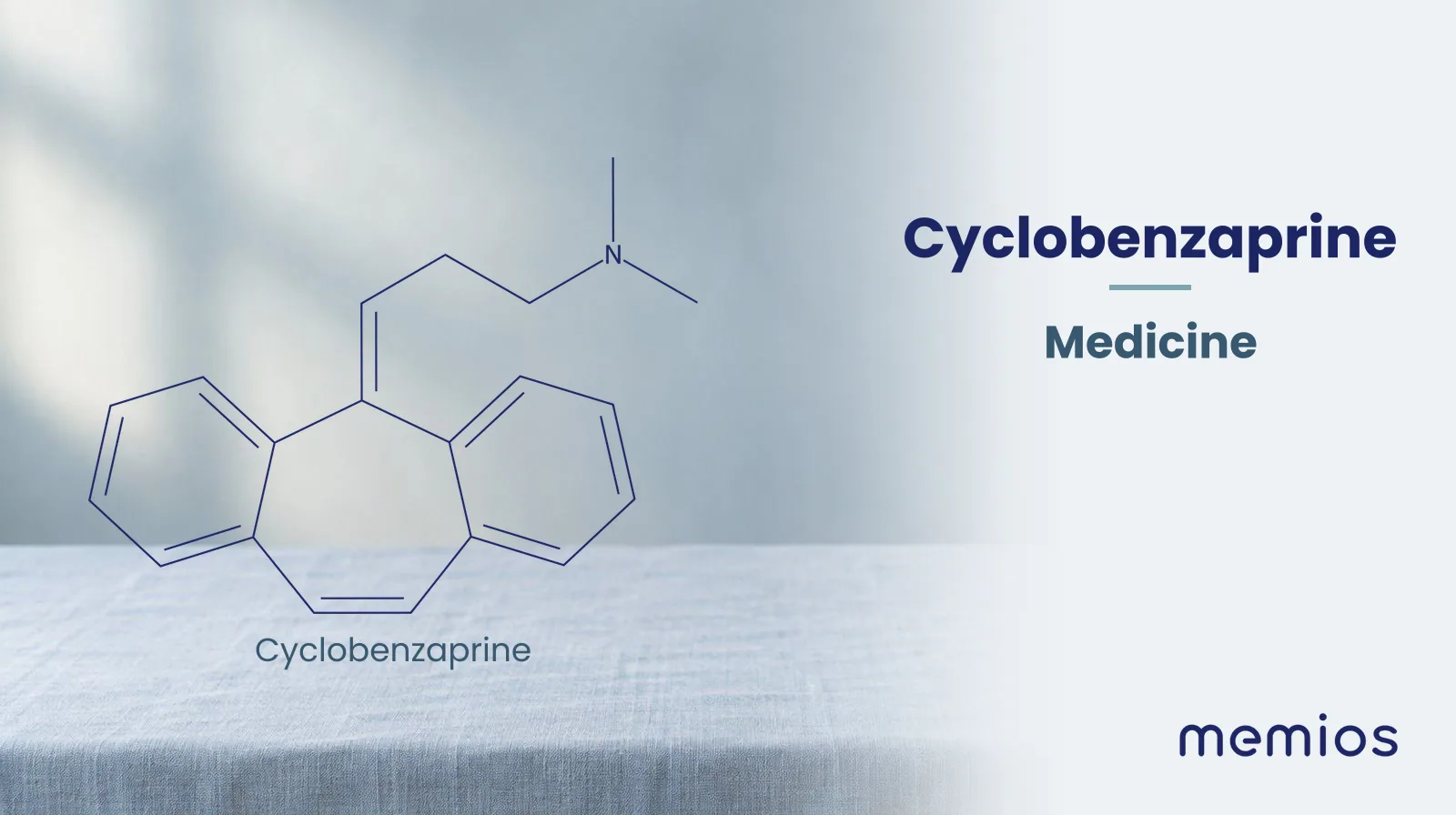 Chemical structure of Cyclobenzaprine, drawn in navy on pale linen.