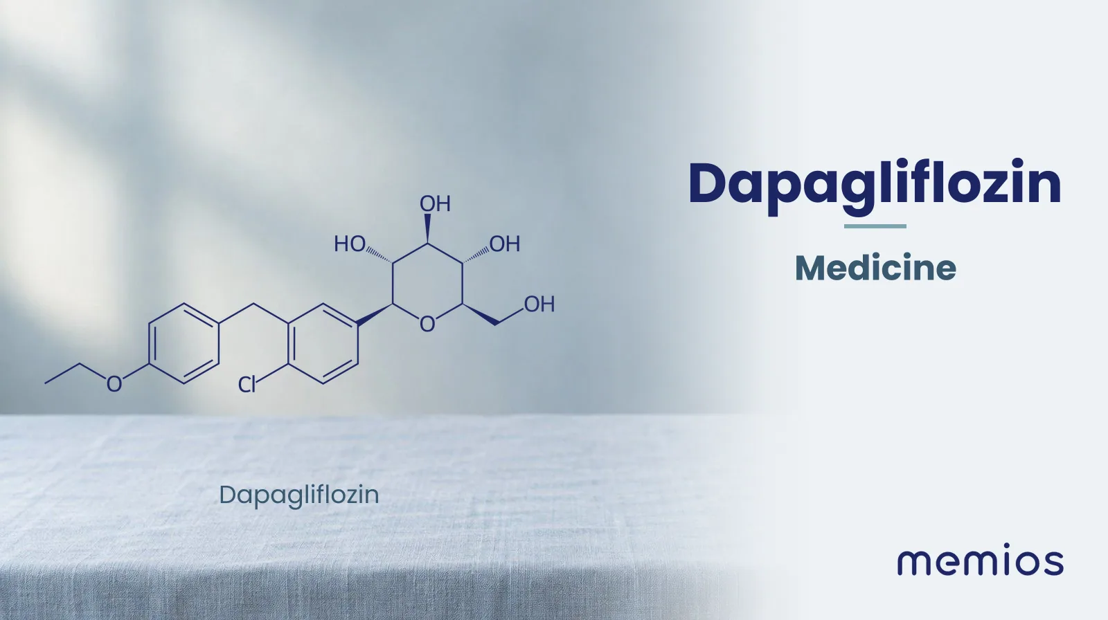 Chemical structure of Dapagliflozin, drawn in navy on pale linen.