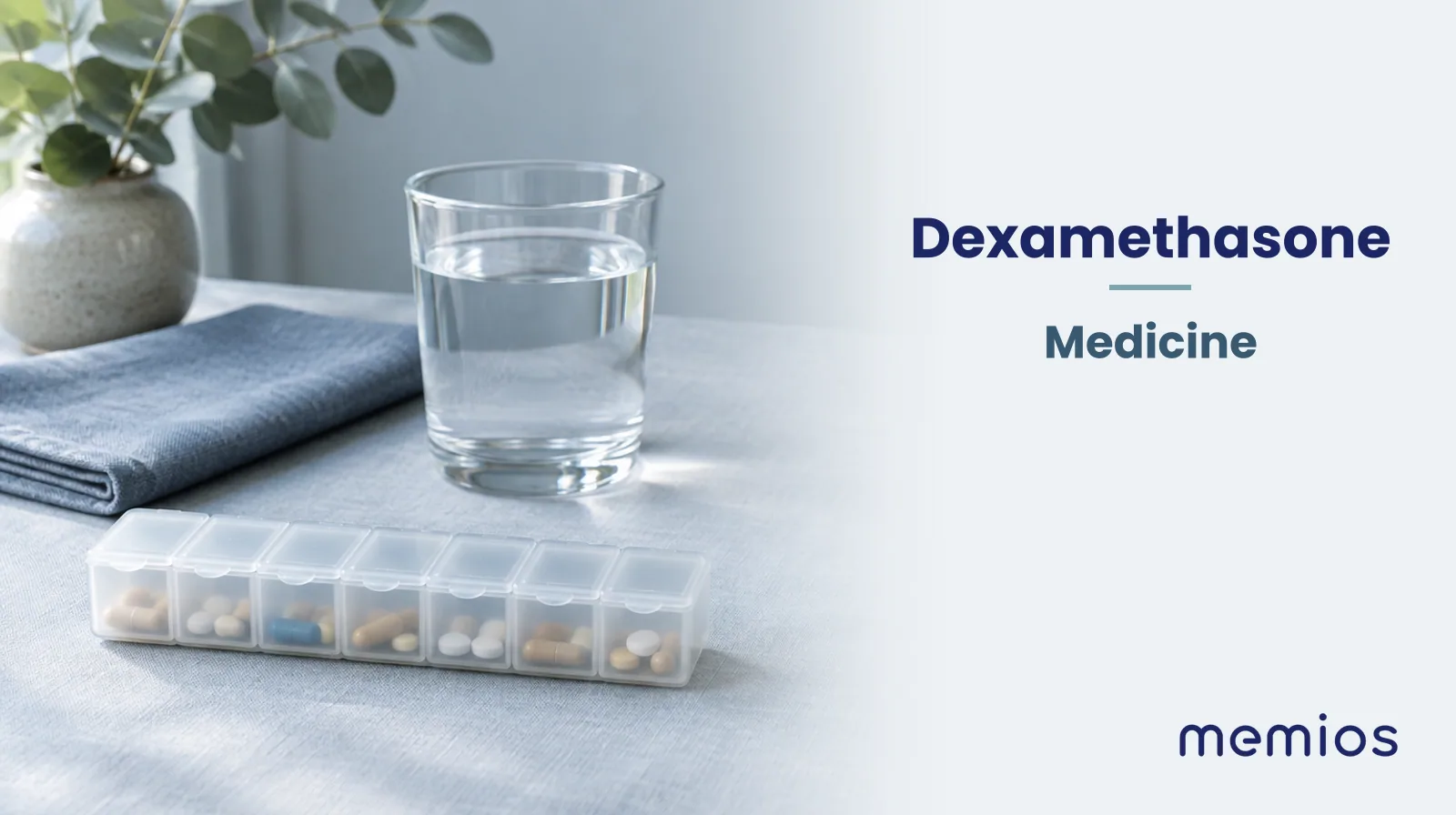 Photograph for Dexamethasone: plain unmarked tablets in a dish beside a glass of water on pale linen.