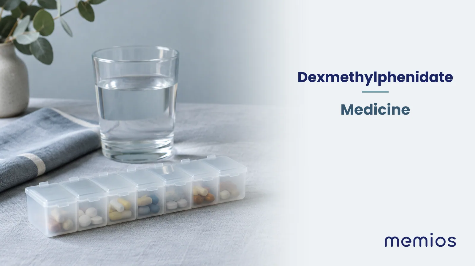 Photograph for Dexmethylphenidate: plain unmarked tablets in a dish beside a glass of water on pale linen.