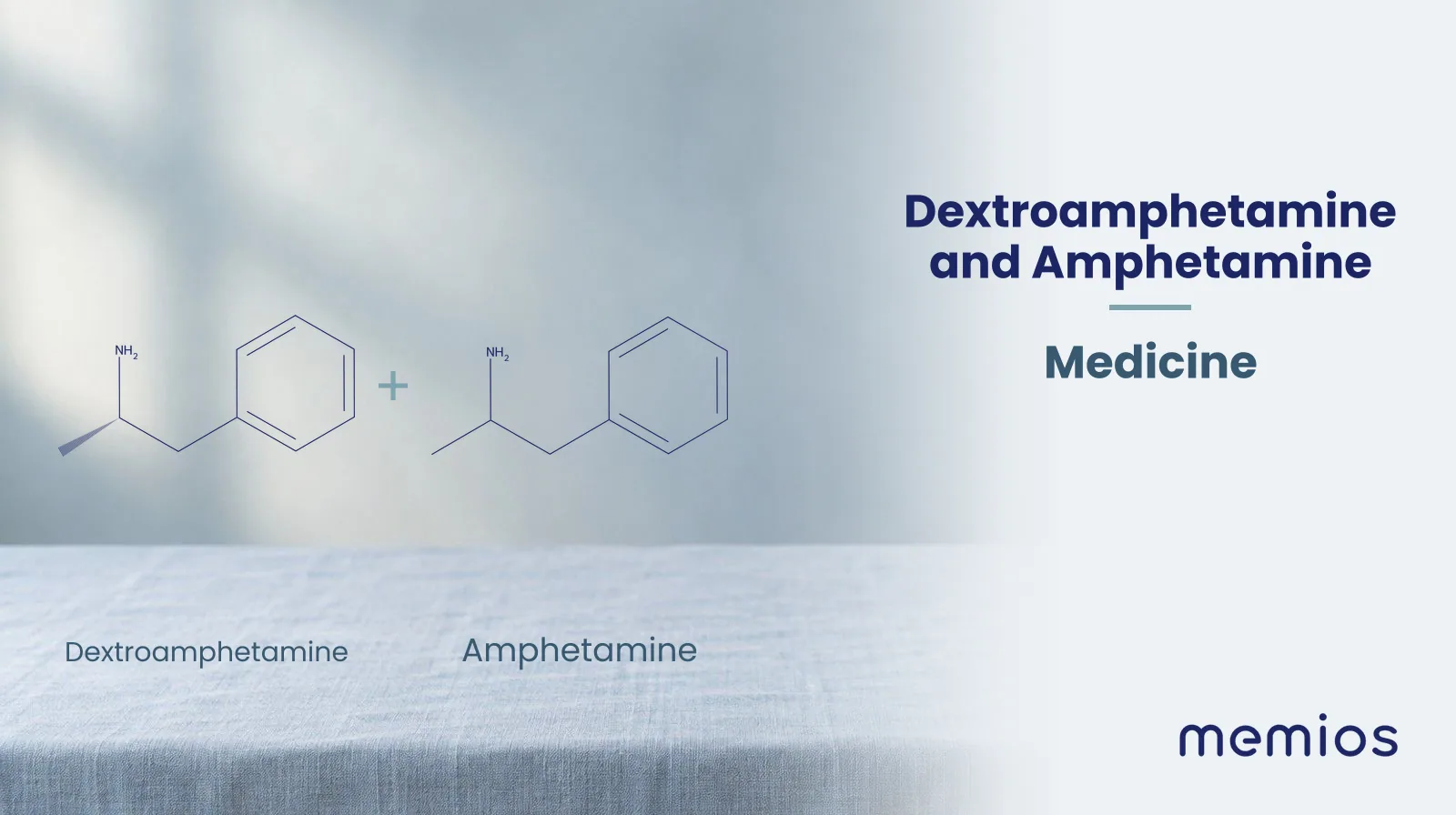 Chemical structure of Dextroamphetamine and Amphetamine, drawn in navy on pale linen.
