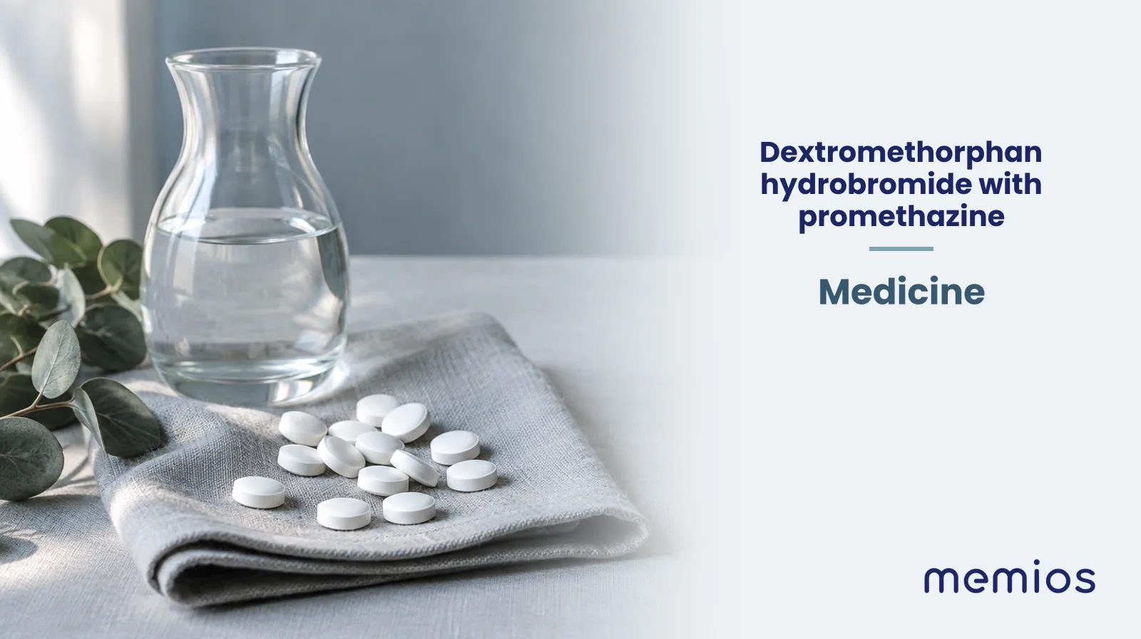 Photograph for Dextromethorphan hydrobromide with promethazine hydrochloride: plain unmarked tablets in a dish beside a glass of water on pale linen.