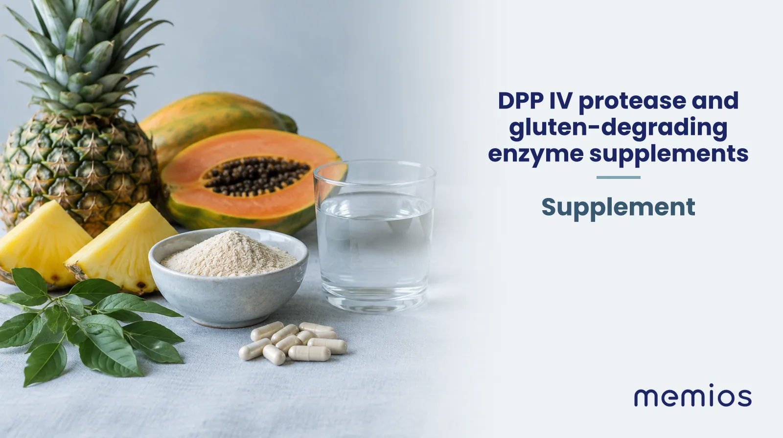 Photograph for DPP IV protease and gluten-degrading enzyme supplements: its natural source and a bowl of powder or capsules on pale linen.