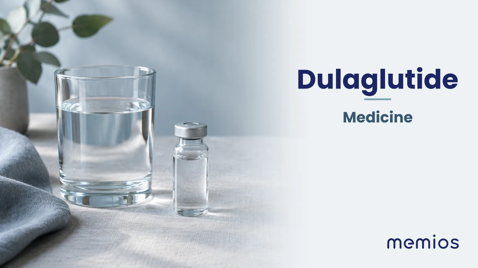 Photograph for Dulaglutide: plain unmarked tablets in a dish beside a glass of water on pale linen.