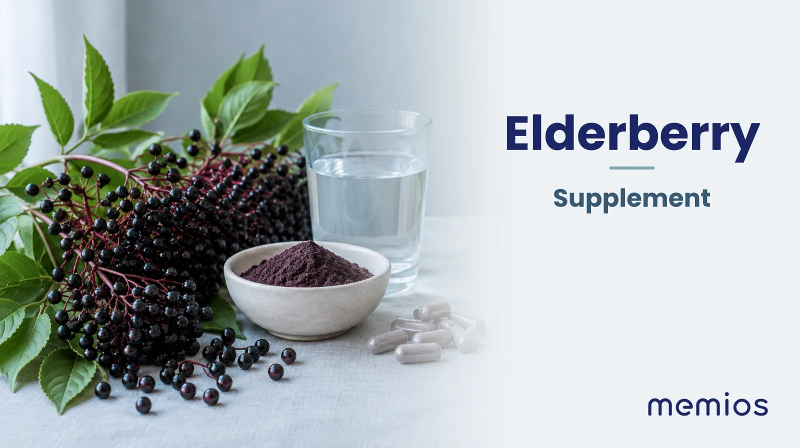Photograph for Elderberry: its natural source and a bowl of powder or capsules on pale linen.