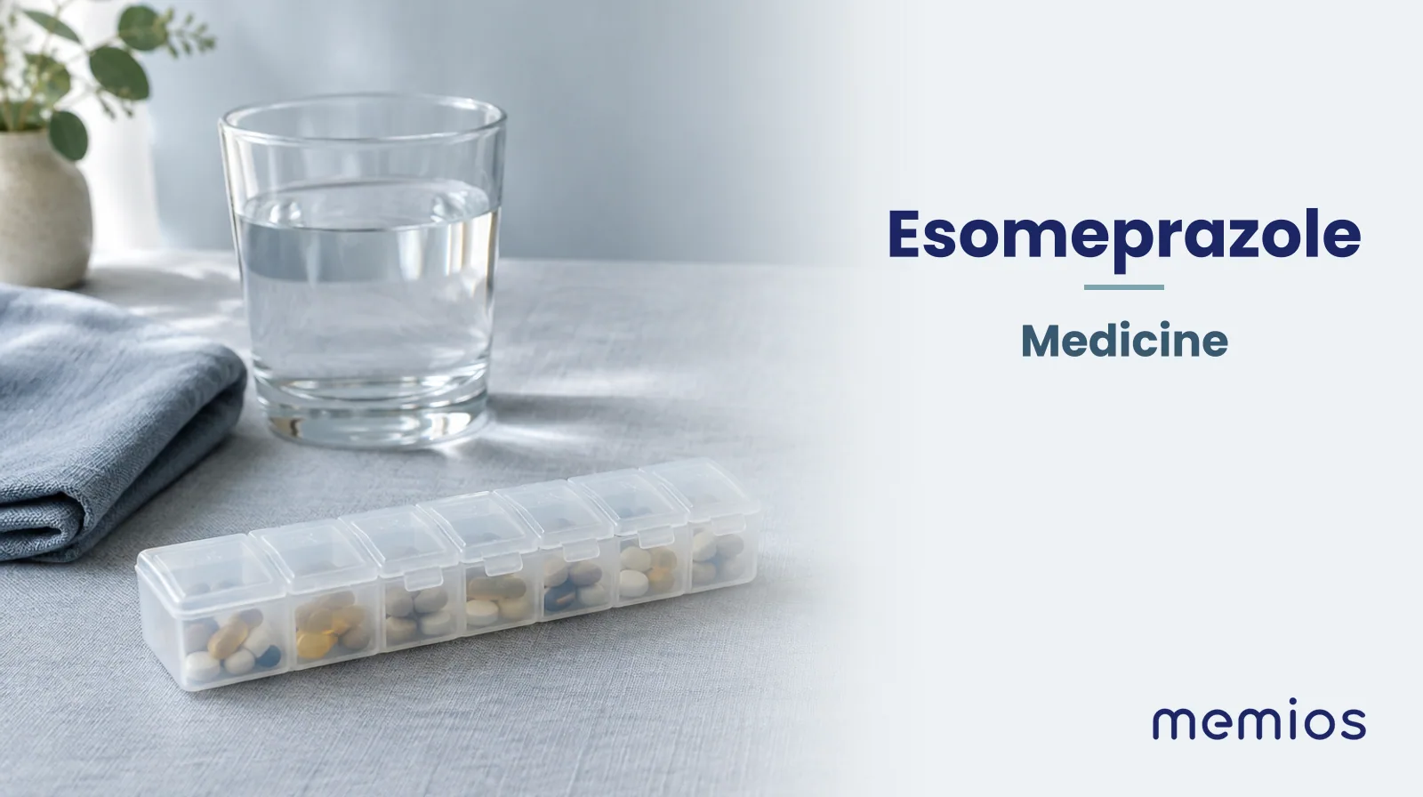 Photograph for Esomeprazole: plain unmarked tablets in a dish beside a glass of water on pale linen.
