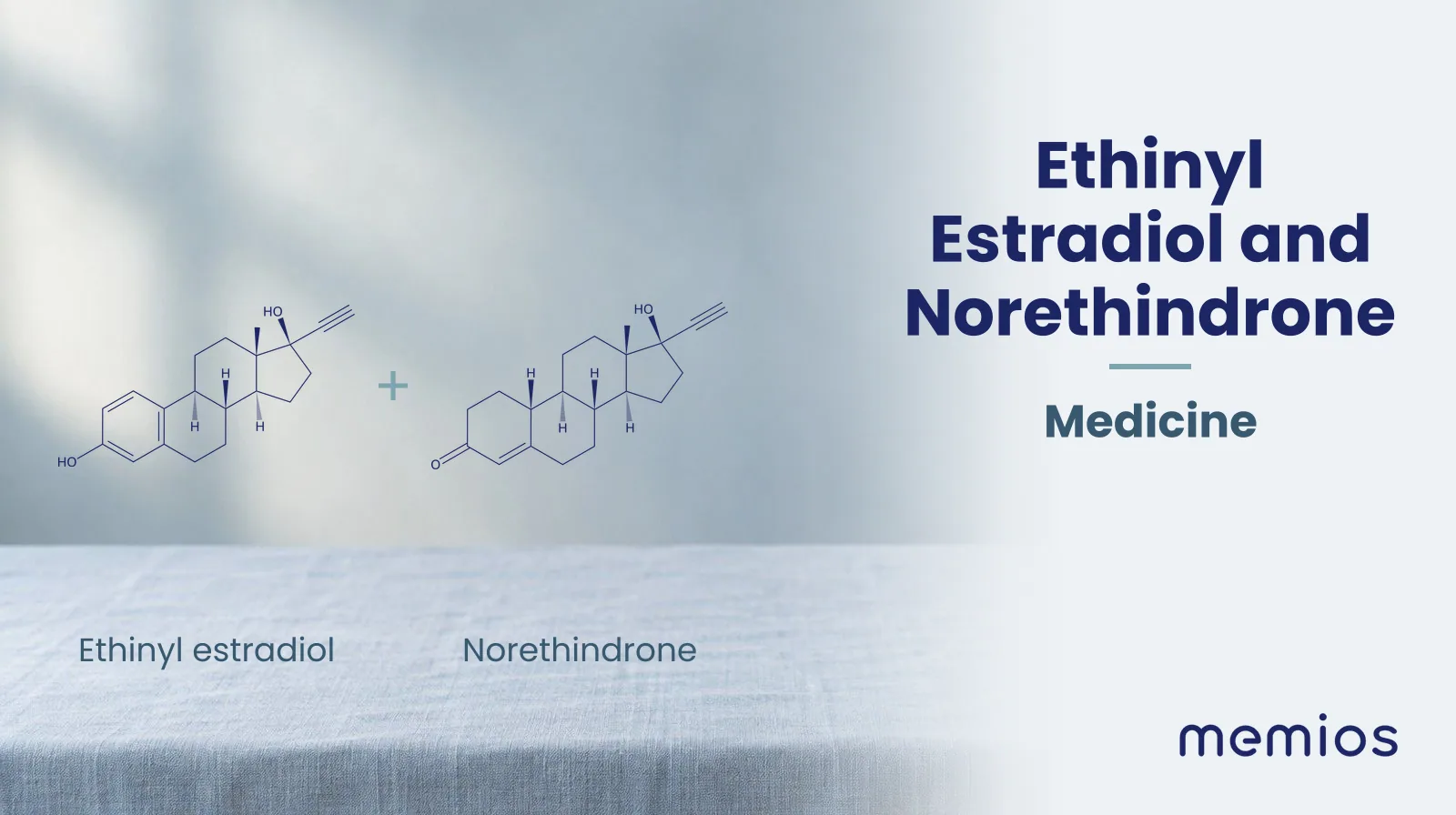 Chemical structure of Ethinyl estradiol and Norethindrone, drawn in navy on pale linen.
