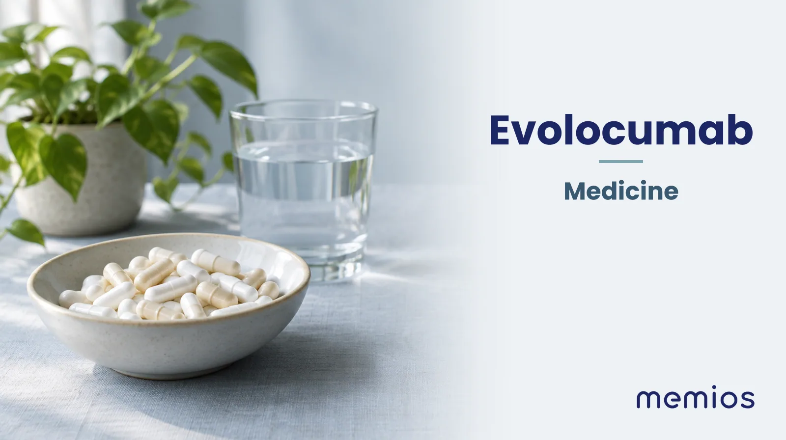 Photograph for Evolocumab: plain unmarked tablets in a dish beside a glass of water on pale linen.