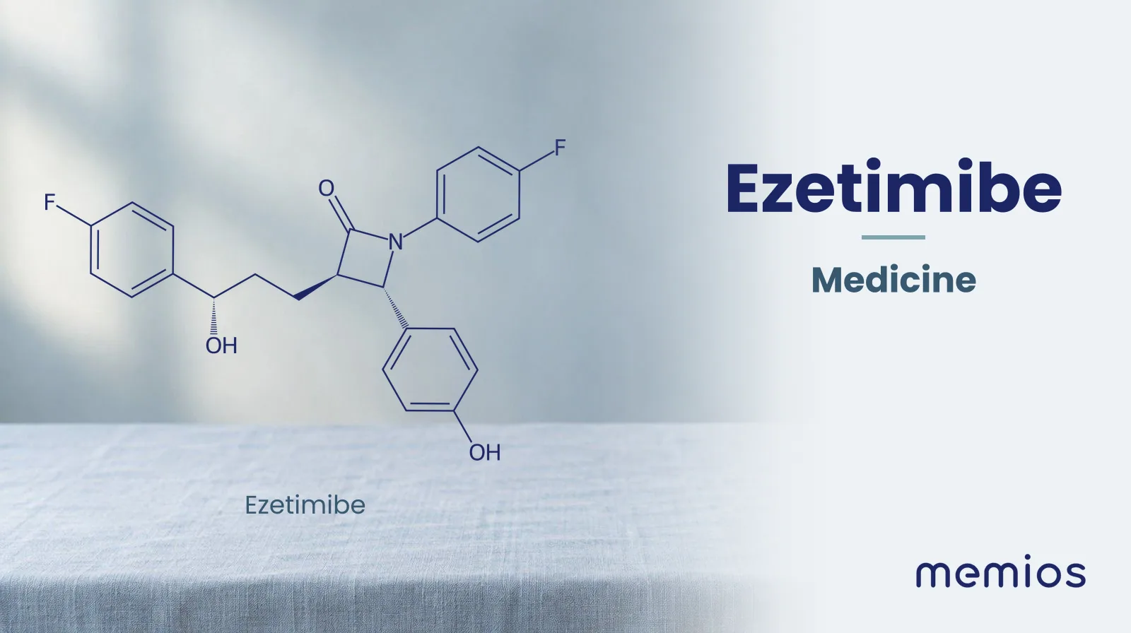 Chemical structure of Ezetimibe, drawn in navy on pale linen.