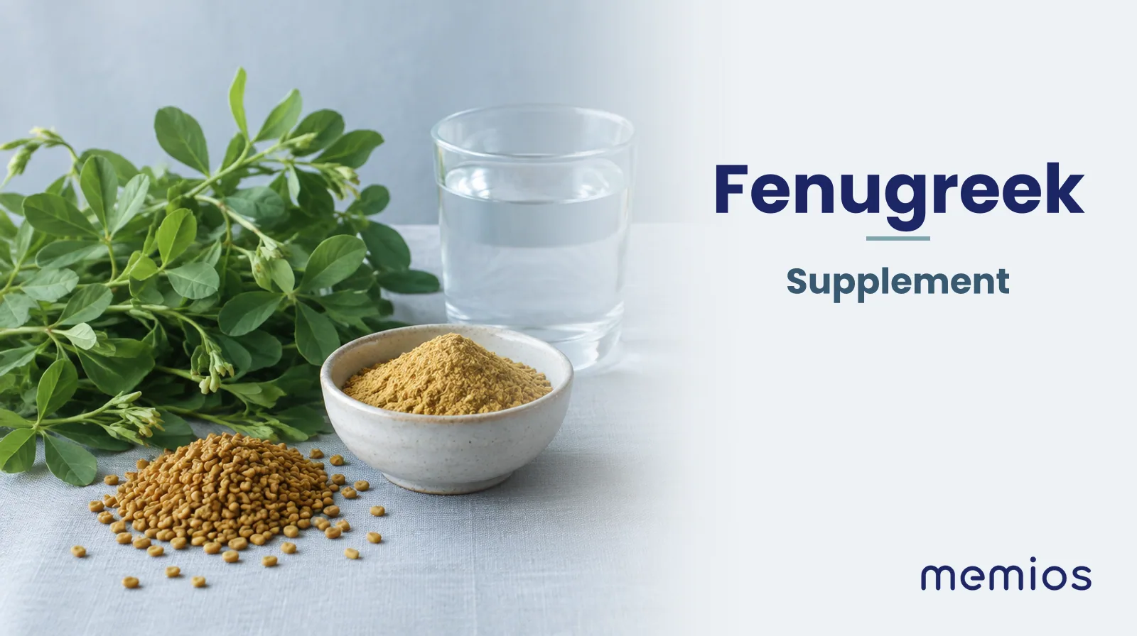 Photograph for Fenugreek: its natural source and a bowl of powder or capsules on pale linen.