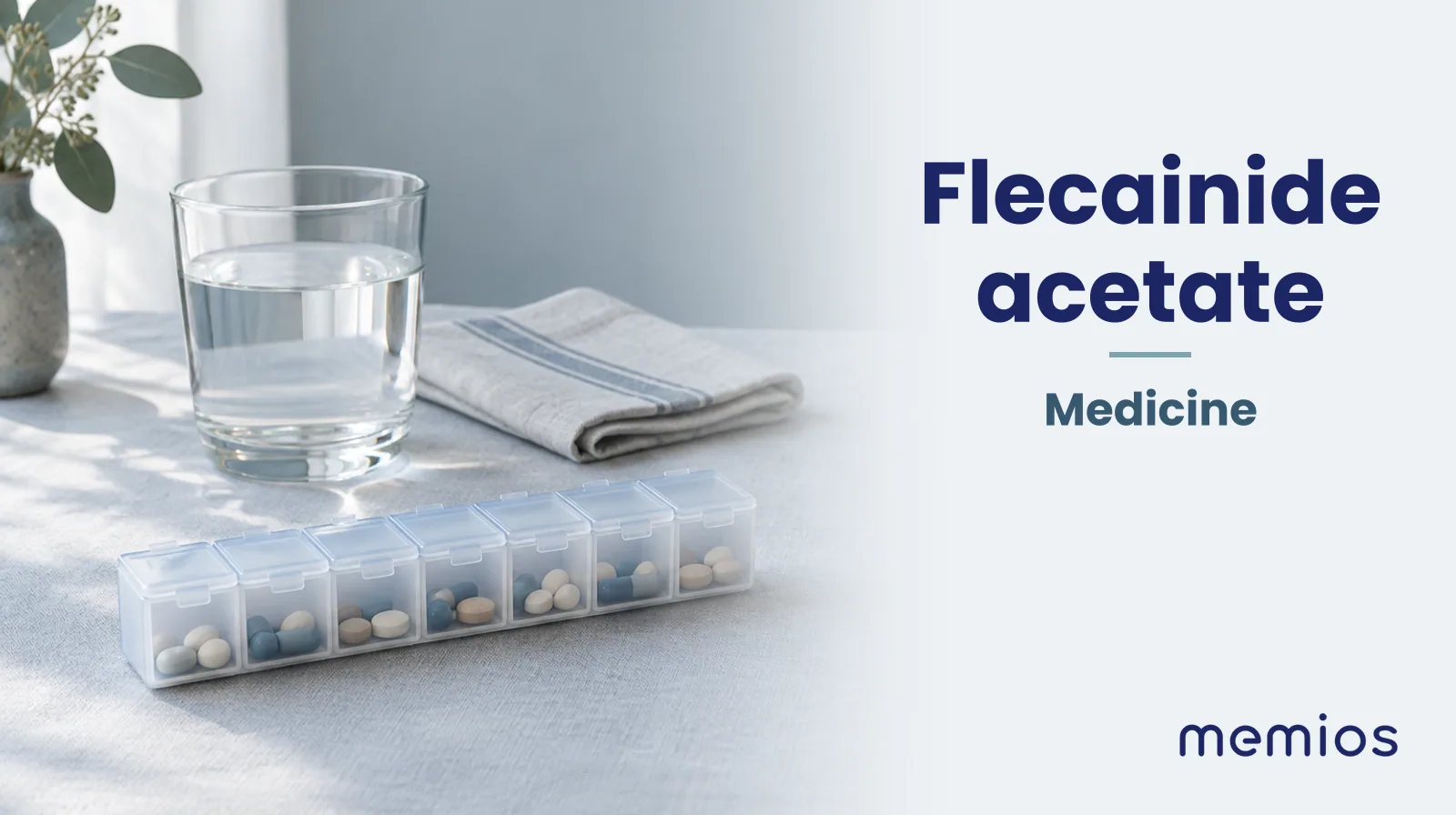 Photograph for Flecainide acetate: plain unmarked tablets in a dish beside a glass of water on pale linen.