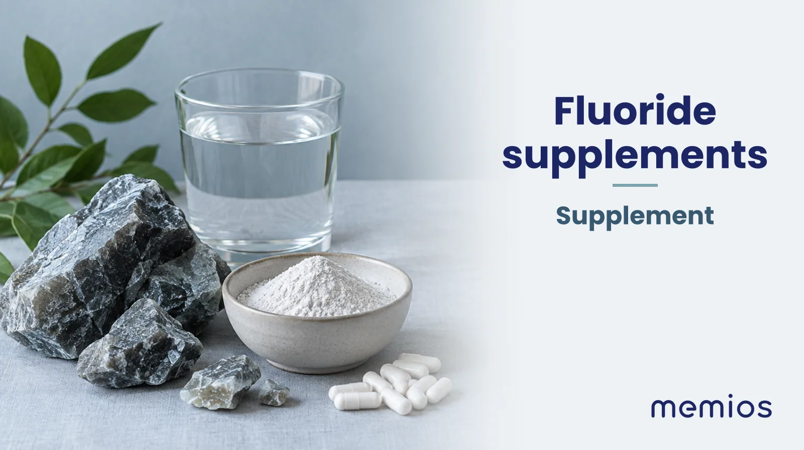Photograph for Fluoride supplements: its natural source and a bowl of powder or capsules on pale linen.