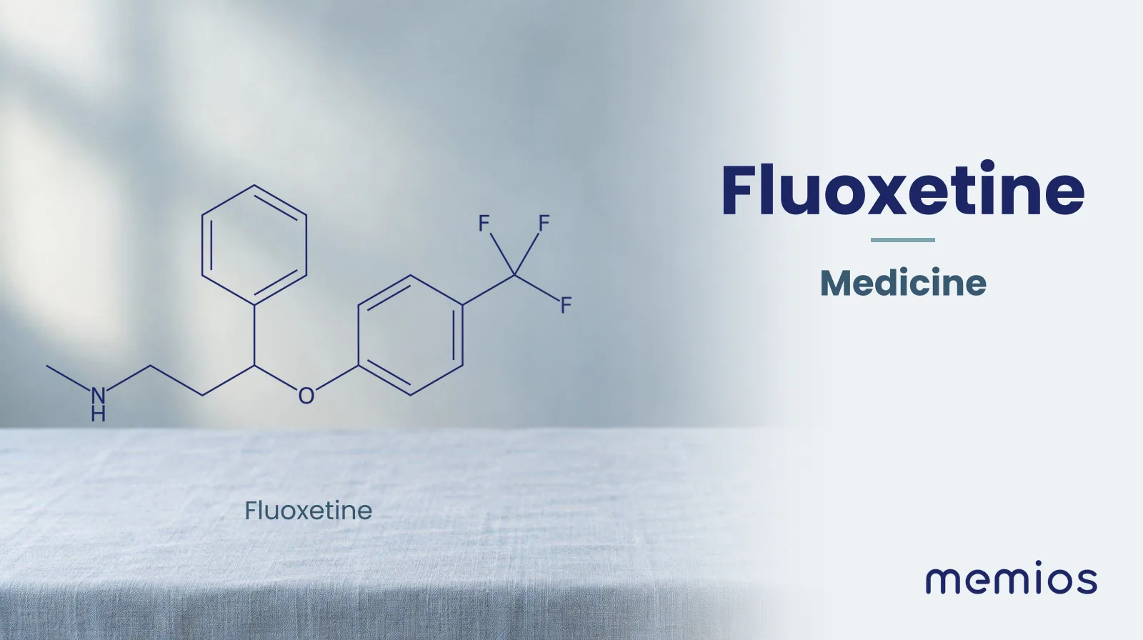 Chemical structure of Fluoxetine, drawn in navy on pale linen.